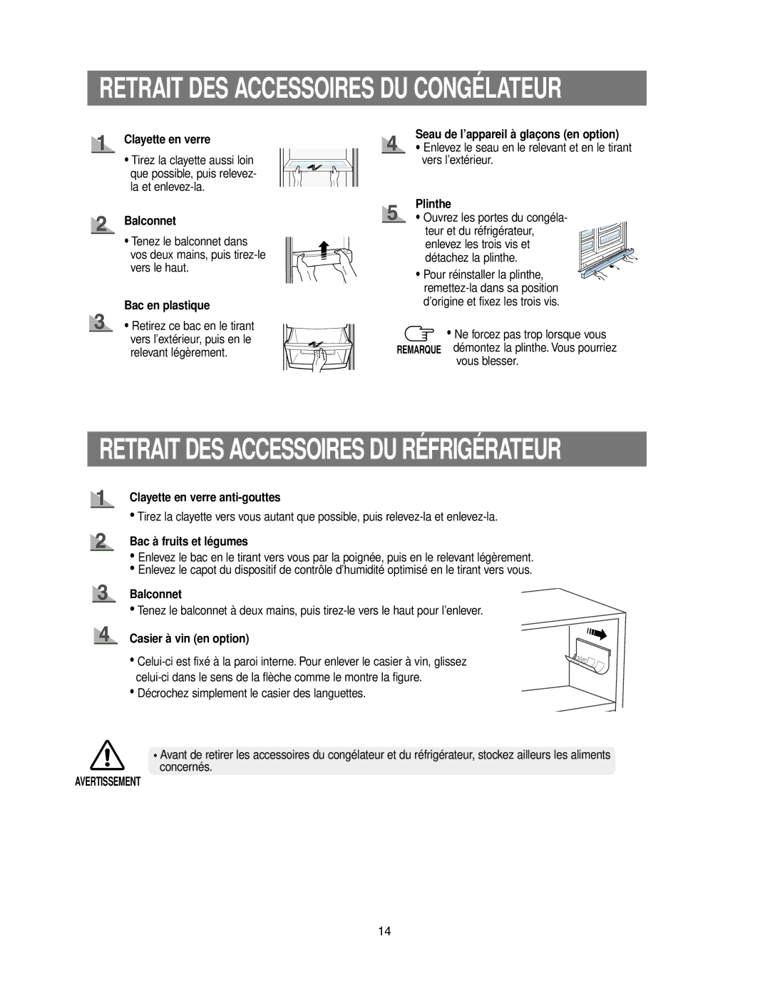 Samsung RS24KASW1/CAF manual Clayette en verre, Bac en plastique, Seau de l’appareil à glaçons en option, Plinthe 