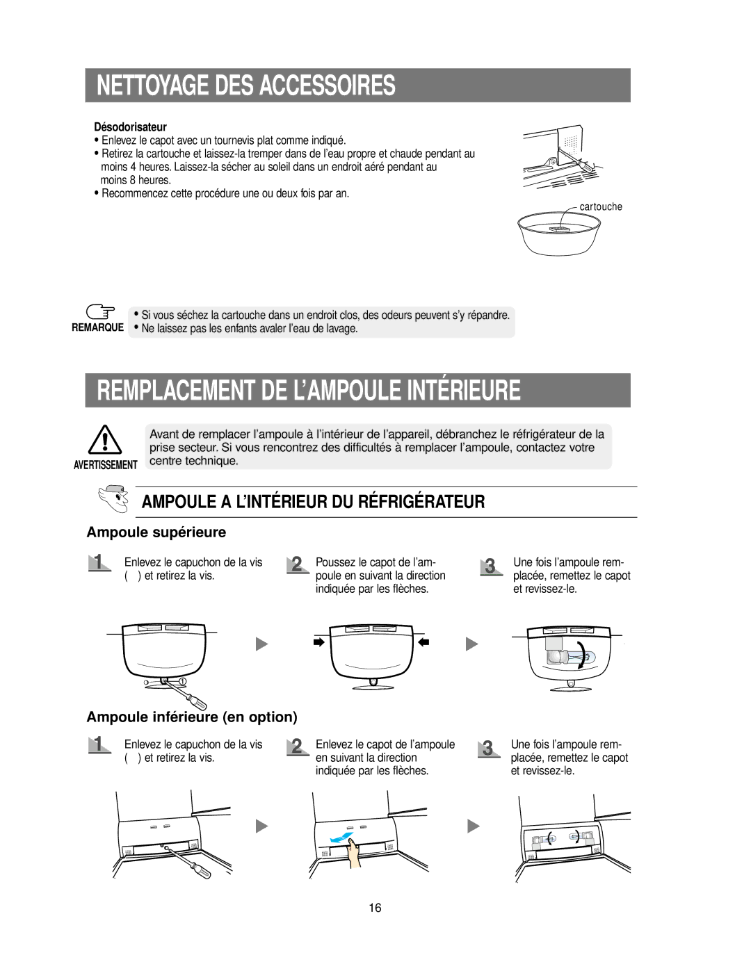 Samsung RS24KASW1/CAF manual Remplacement DE L’AMPOULE Intérieure, Désodorisateur 