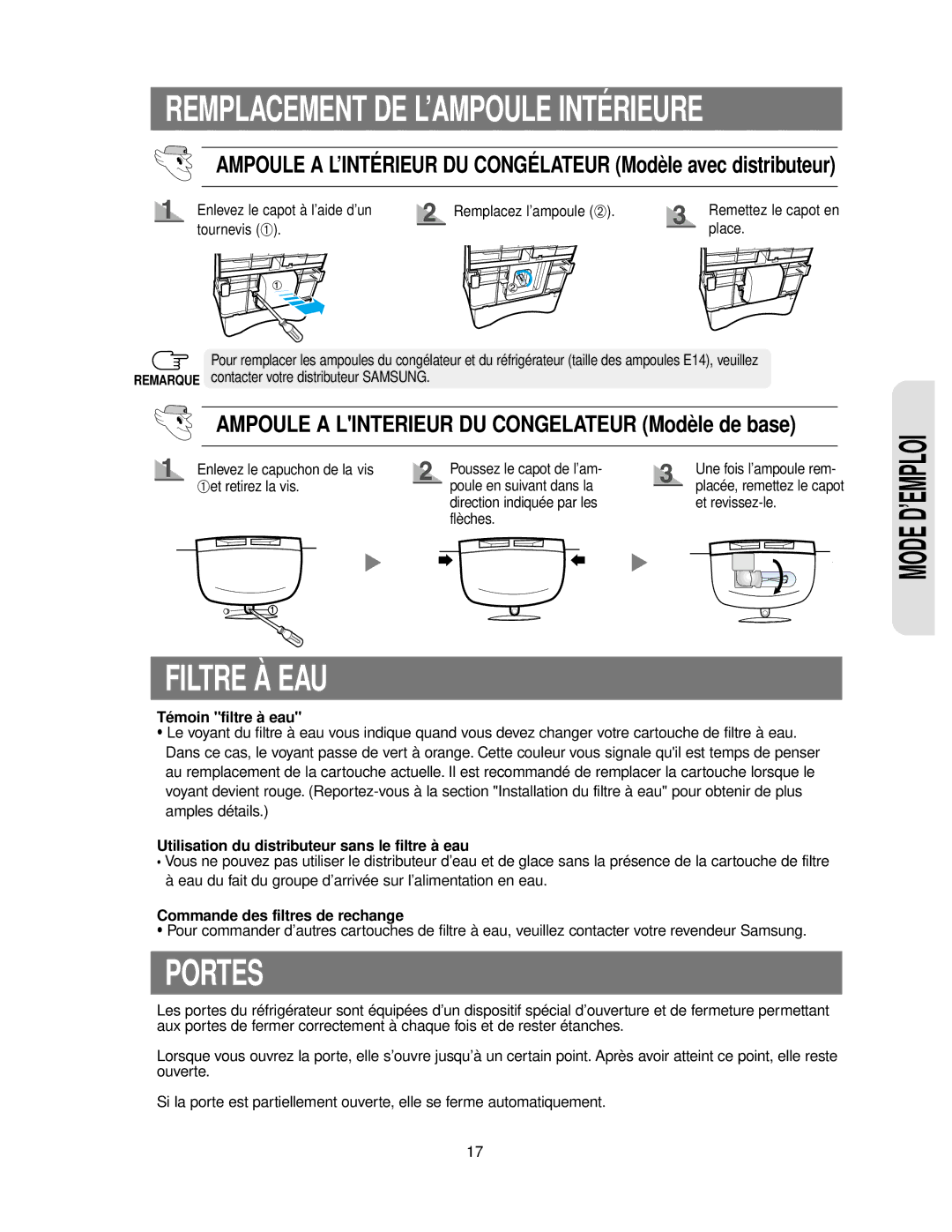 Samsung RS24KASW1/CAF manual Filtre À EAU, Portes, Témoin filtre à eau, Utilisation du distributeur sans le filtre à eau 