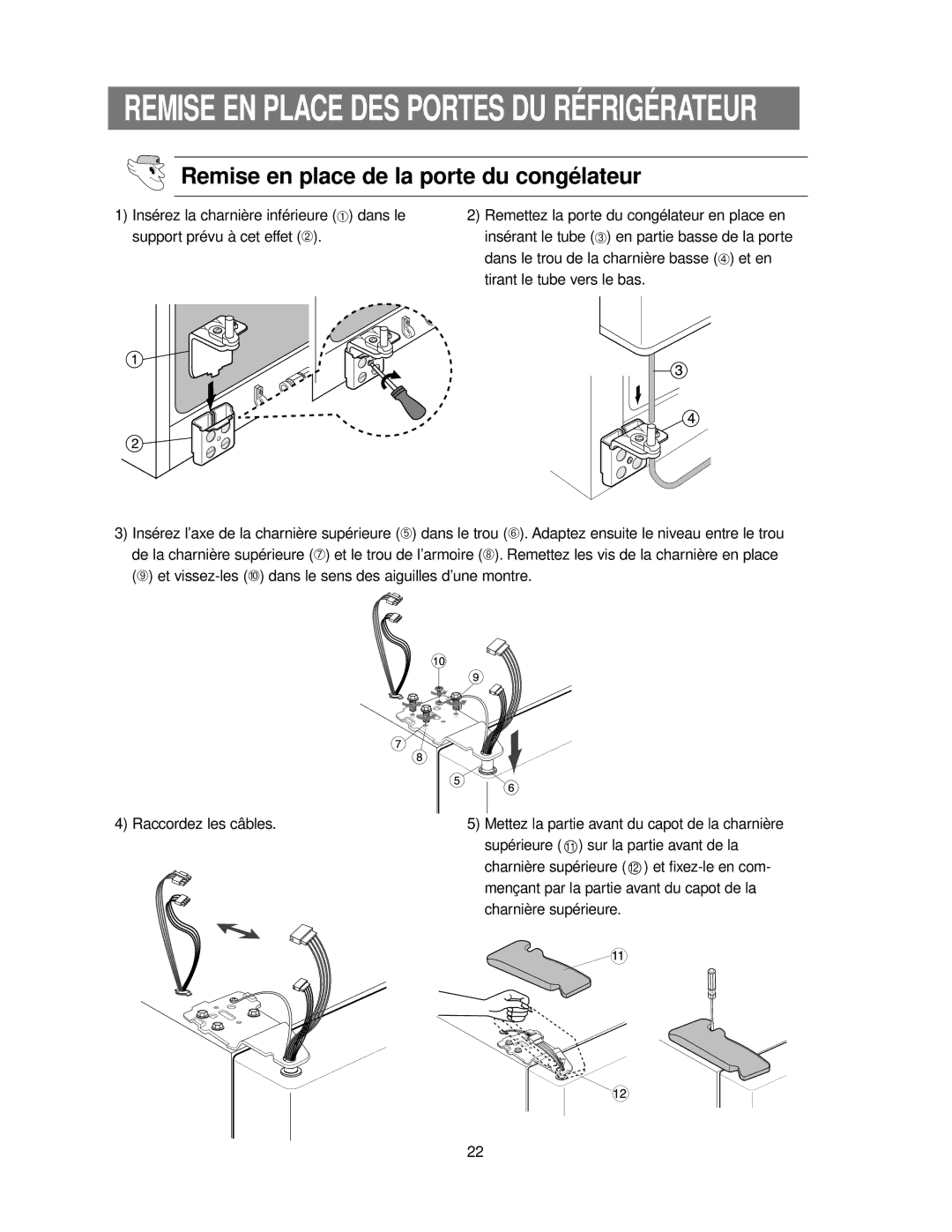 Samsung RS24KASW1/CAF manual Remise EN Place DES Portes DU Réfrigérateur, Remise en place de la porte du congélateur 