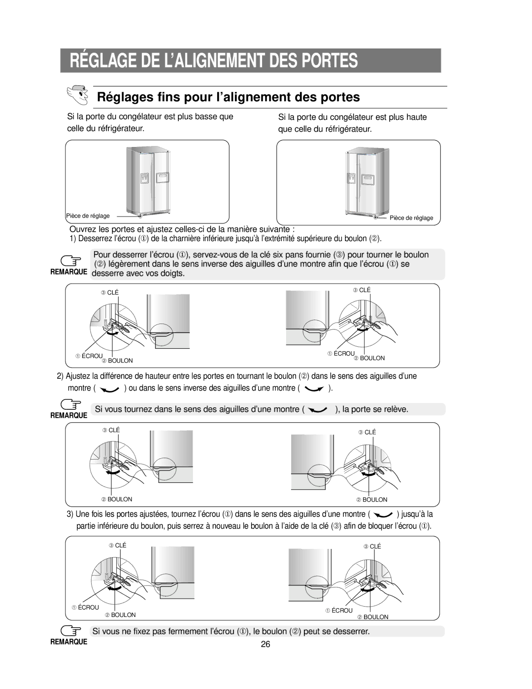 Samsung RS24KASW1/CAF manual Réglage DE L’ALIGNEMENT DES Portes, Réglages fins pour l’alignement des portes 