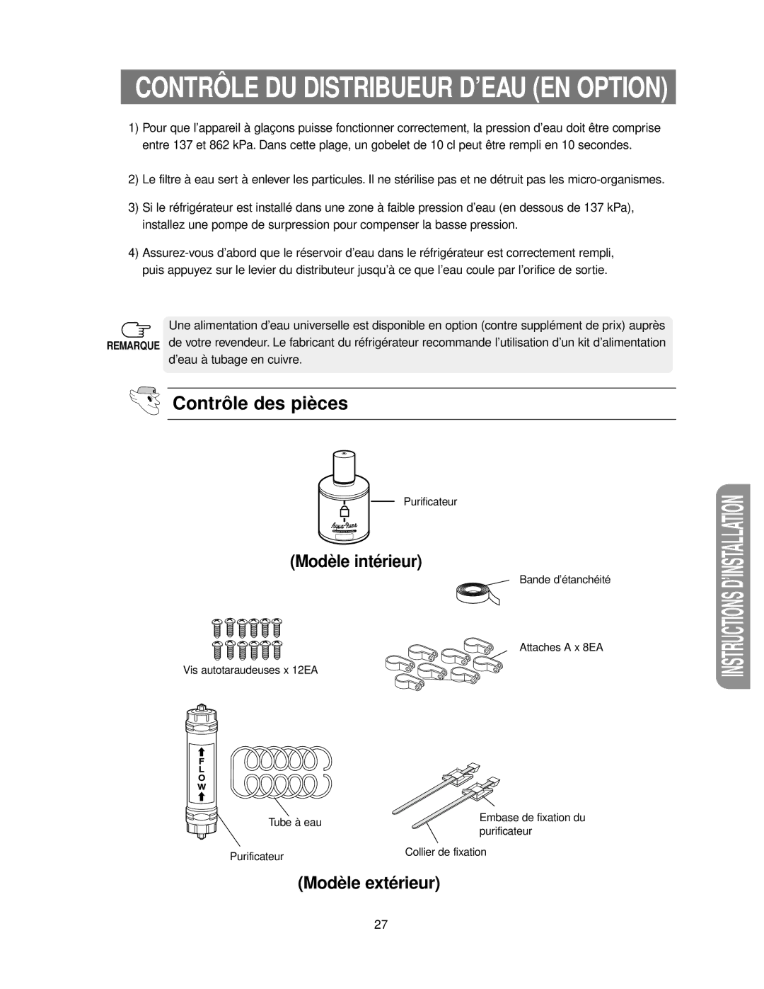 Samsung RS24KASW1/CAF manual Contrôle DU Distribueur D’EAU EN Option, Contrôle des pièces 