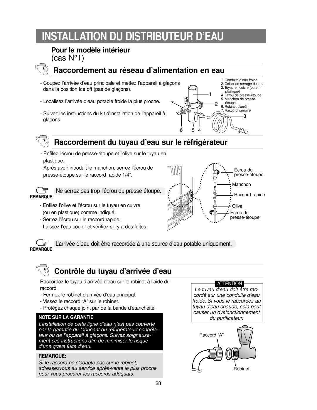 Samsung RS24KASW1/CAF manual Installation DU Distributeur D’EAU, Raccordement au réseau d’alimentation en eau 