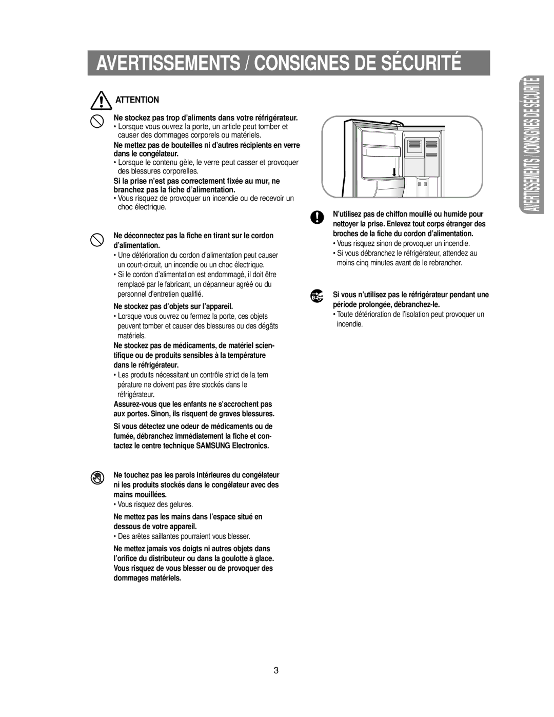 Samsung RS24KASW1/CAF manual Avertissements / Consignes DE Sécurité 