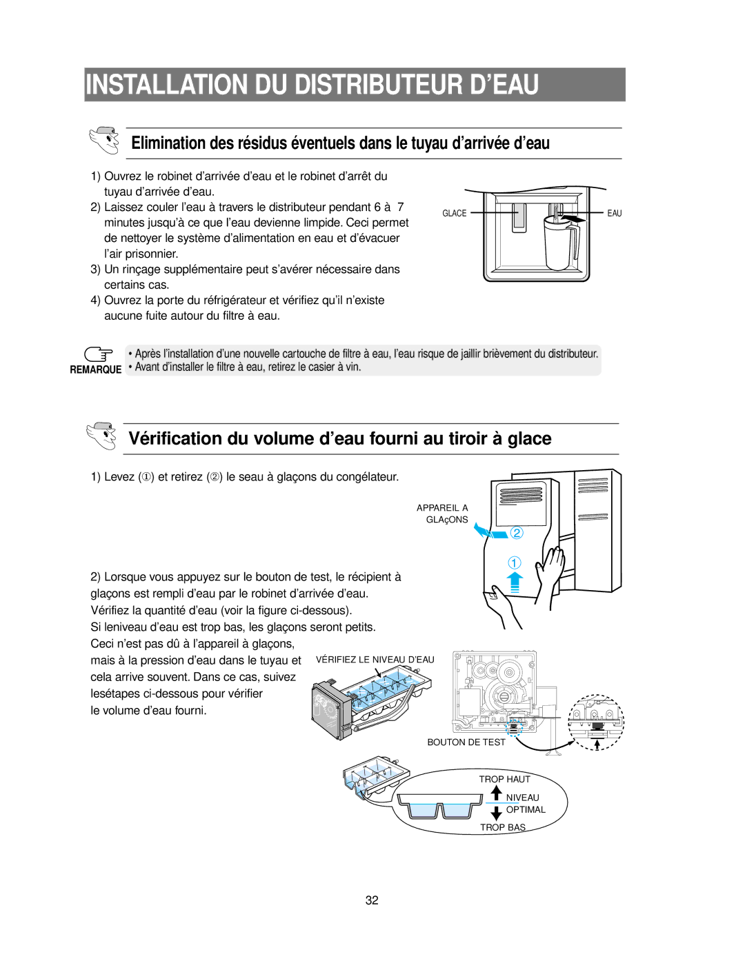 Samsung RS24KASW1/CAF manual Vérification du volume d’eau fourni au tiroir à glace 