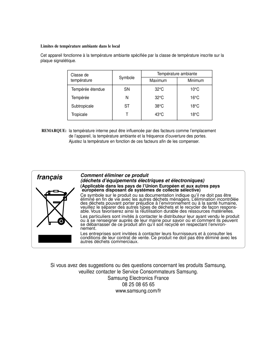 Samsung RS24KASW1/CAF Limites de température ambiante dans le local, Européens disposant de systémes de collecte sélective 