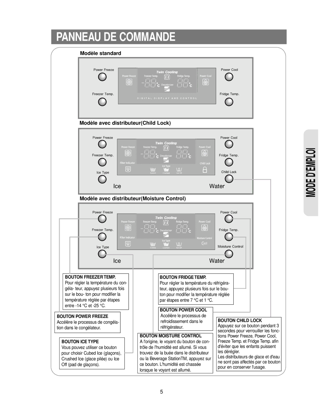 Samsung RS24KASW1/CAF manual Panneau DE Commande, Mode D’EMPLOI 