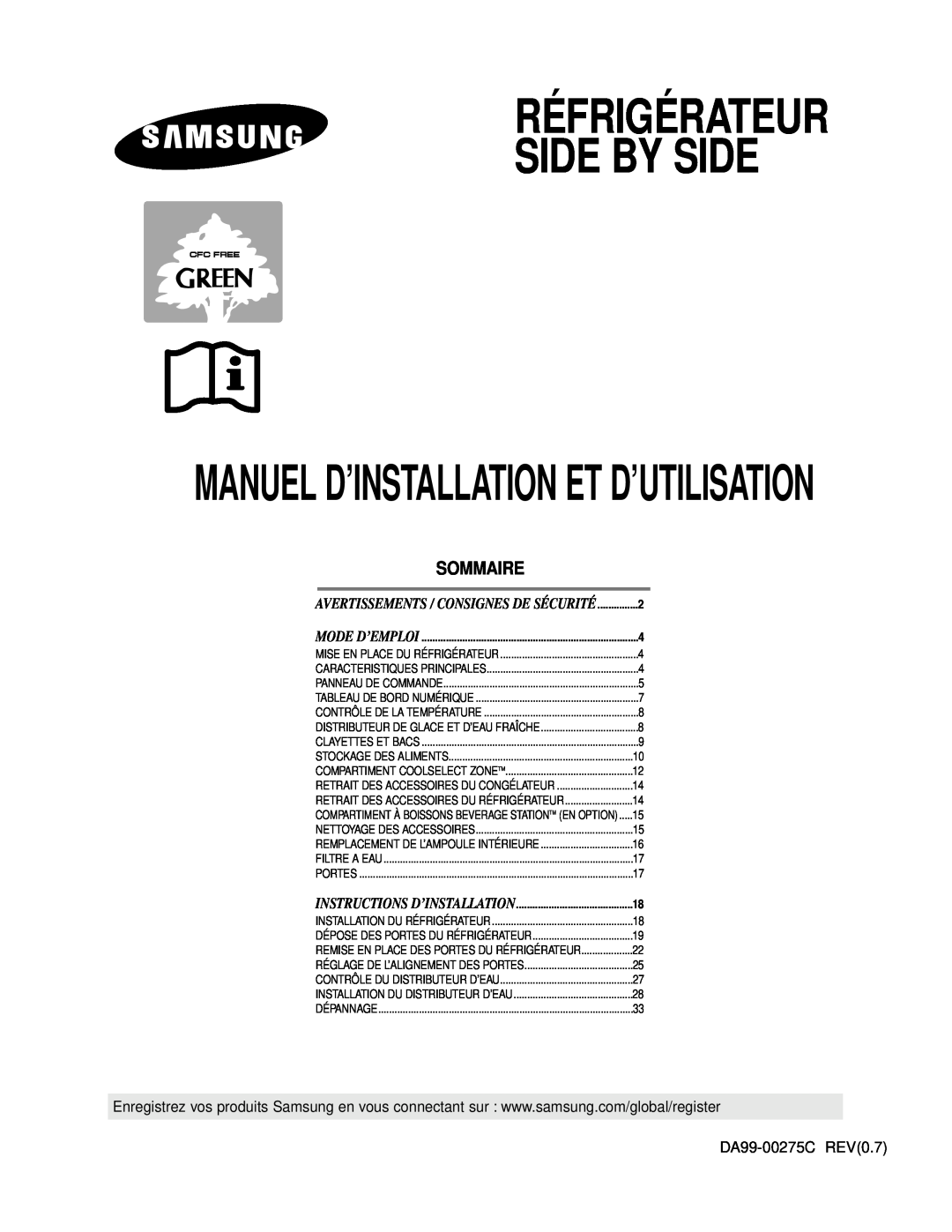 Samsung RS24KASW1/CAF manual Sommaire, Réfrigérateur Side By Side, Manuel D’Installation Et D’Utilisation, Mode D’Emploi 