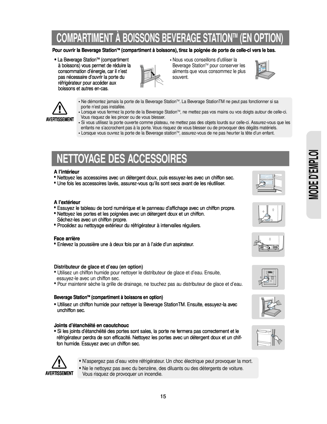 Samsung RS24KASW1/CAF manual Nettoyage Des Accessoires, A l’intérieur, A l’extérieur, Face arrière, Mode D’Emploi 