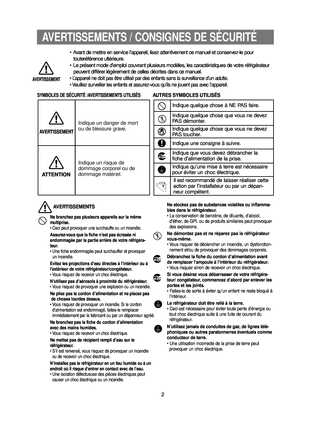 Samsung RS24KASW1/CAF manual Avertissements / Consignes De Sécurité, Autres Symboles Utilisés 