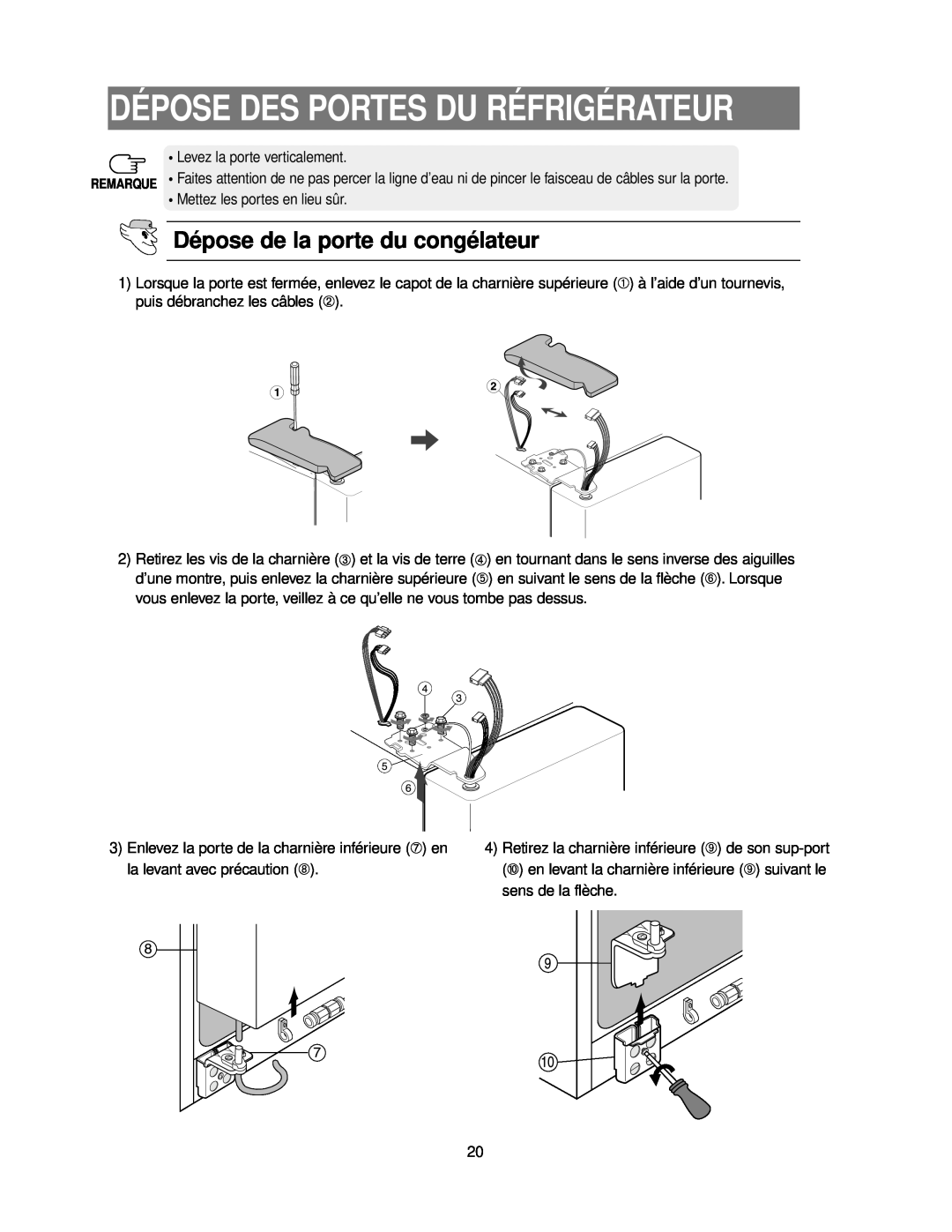Samsung RS24KASW1/CAF manual Dépose de la porte du congélateur, Dépose Des Portes Du Réfrigérateur 