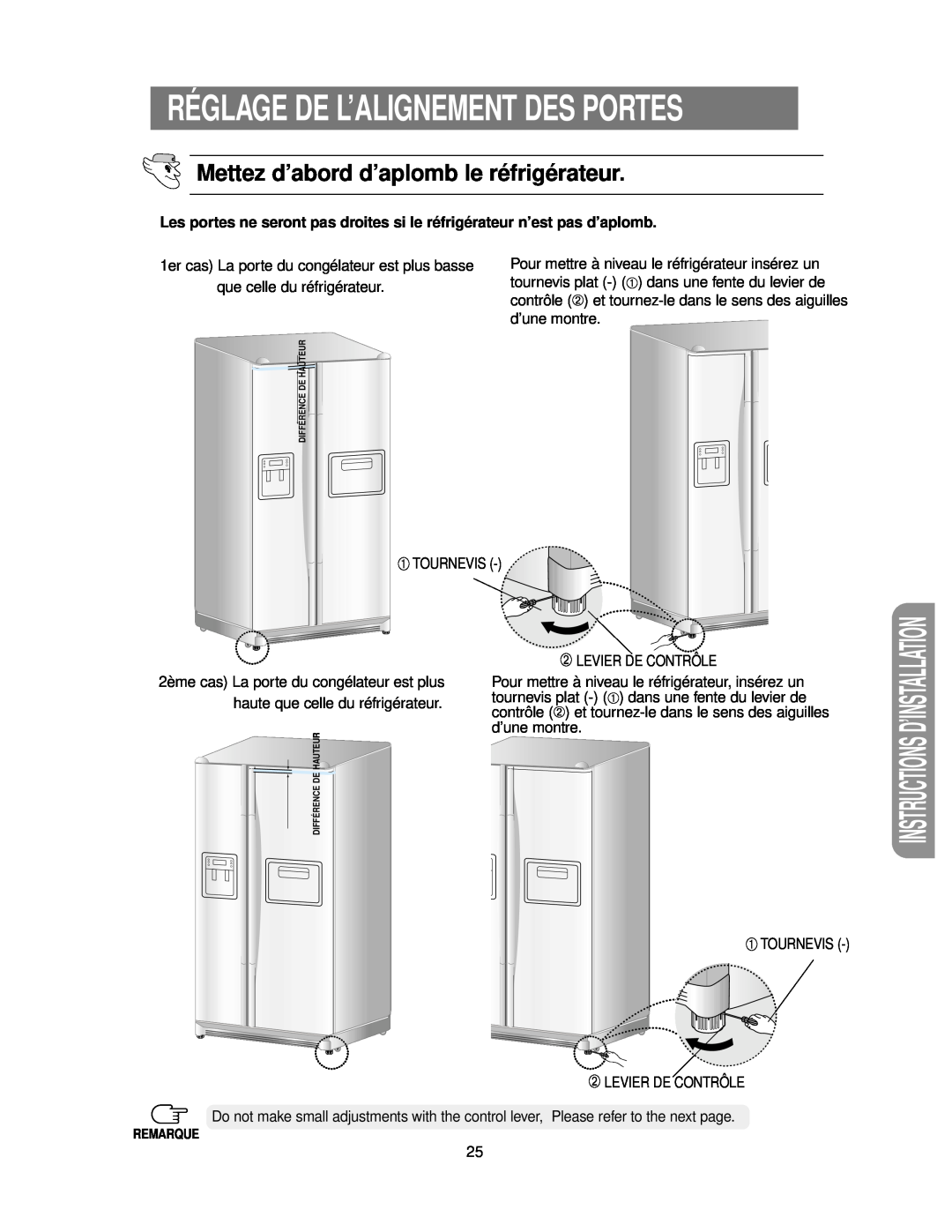 Samsung RS24KASW1/CAF manual 1er cas La porte du congélateur est plus basse, Instructions D’Installation 