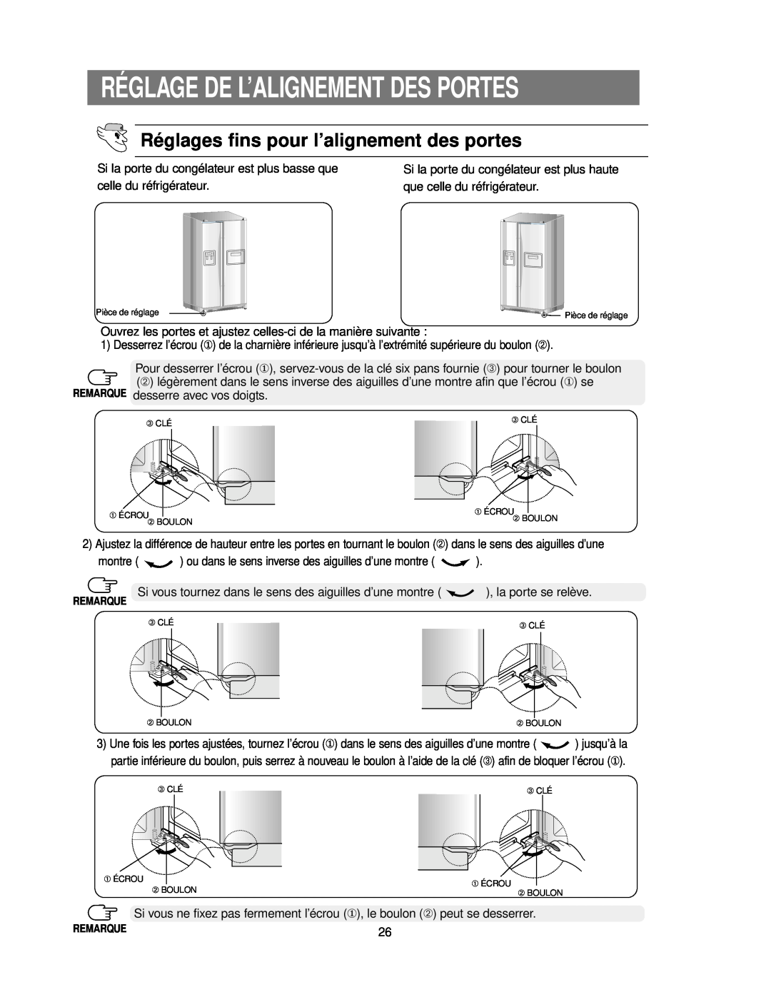Samsung RS24KASW1/CAF manual Réglage De L’Alignement Des Portes, Réglages fins pour l’alignement des portes 