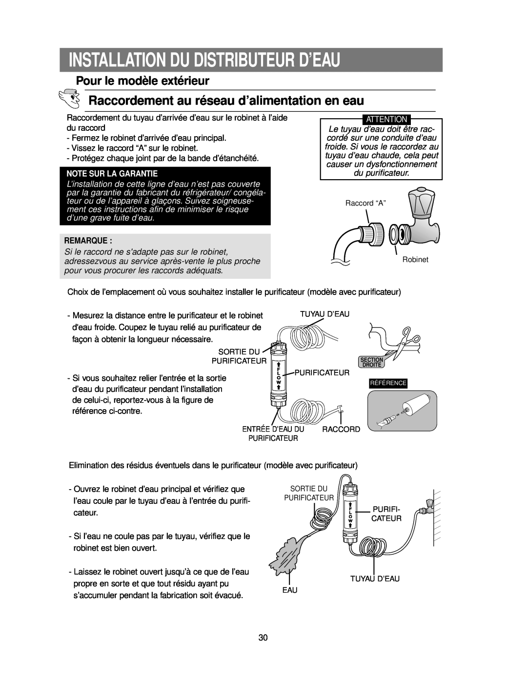 Samsung RS24KASW1/CAF manual Pour le modèle extérieur, Installation Du Distributeur D’Eau, Note Sur La Garantie, Remarque 