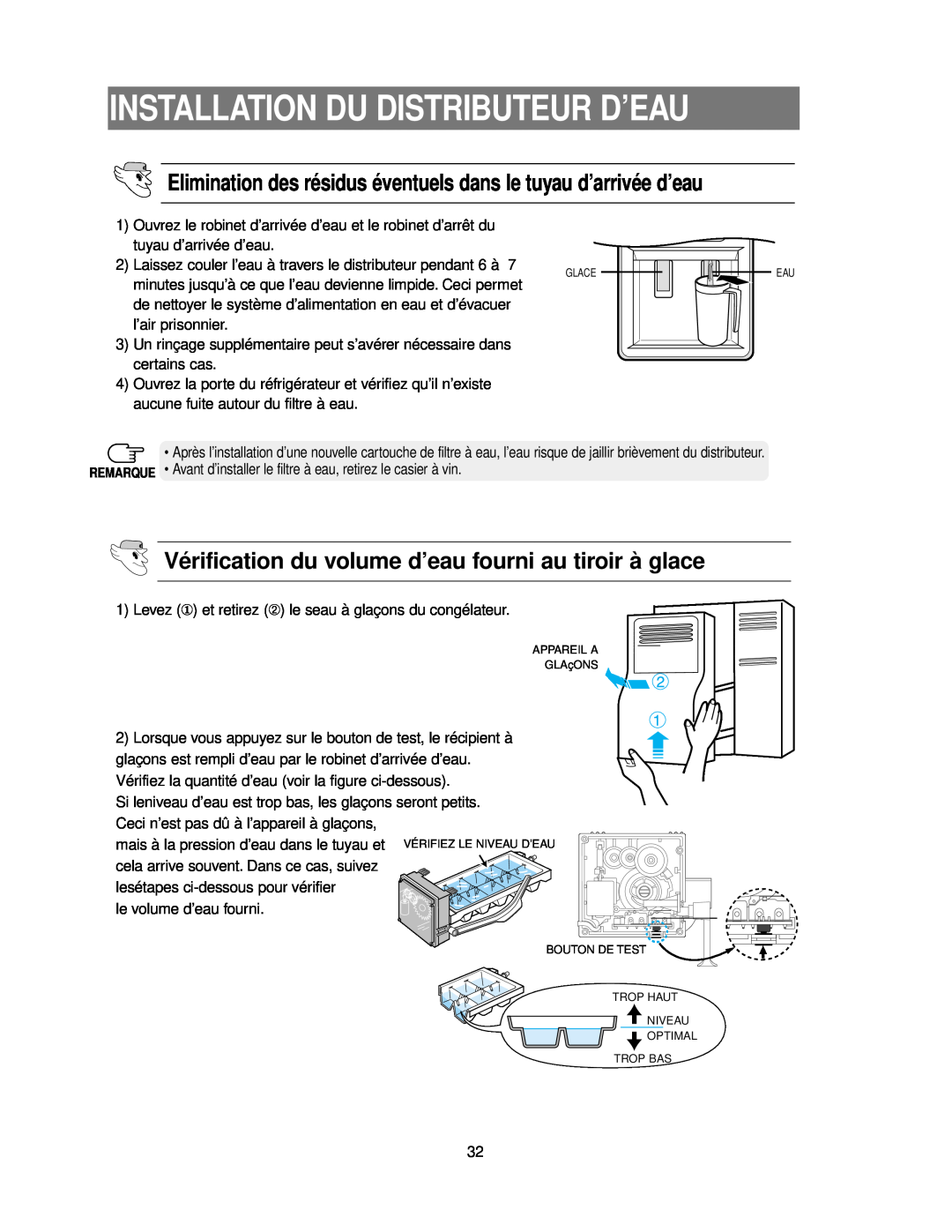 Samsung RS24KASW1/CAF Elimination des résidus éventuels dans le tuyau d’arrivée d’eau, Installation Du Distributeur D’Eau 
