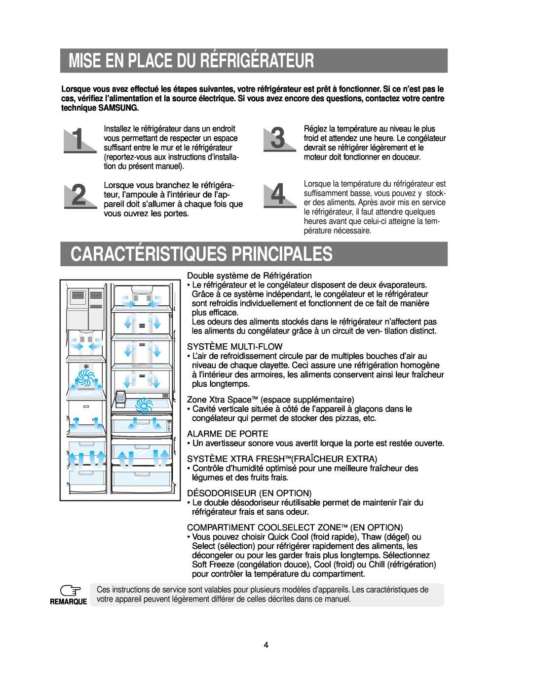 Samsung RS24KASW1/CAF manual Mise En Place Du Réfrigérateur, Caractéristiques Principales 