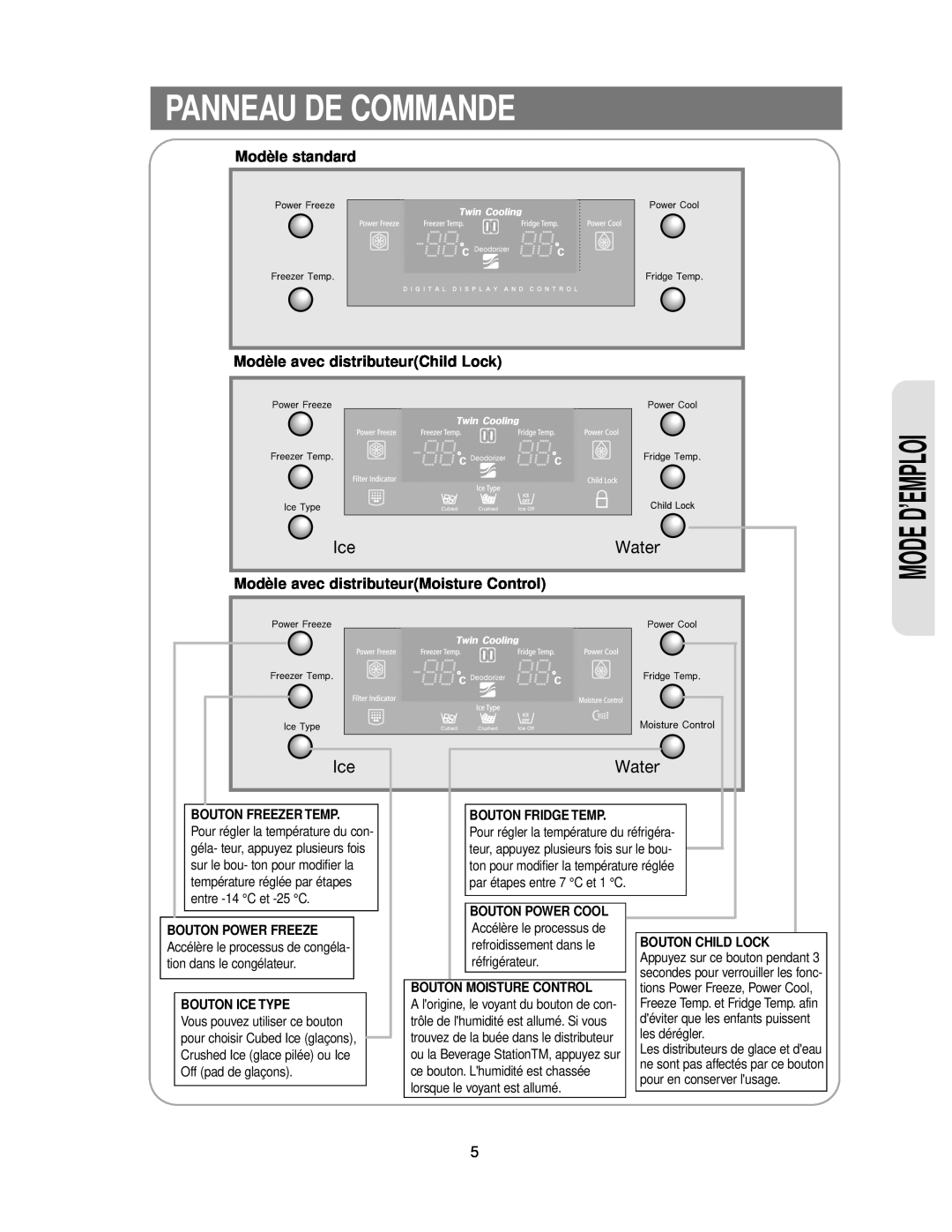 Samsung RS24KASW1/CAF manual Panneau De Commande, Mode D’Emploi, Modèle standard Modèle avec distributeurChild Lock 