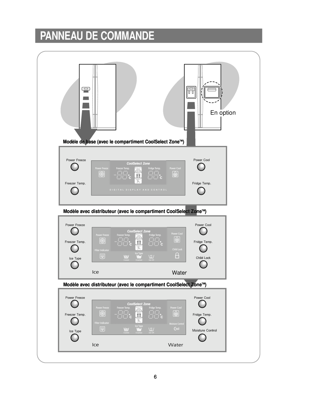 Samsung RS24KASW1/CAF manual En option, Modèle de base avec le compartiment CoolSelect Zone TM, Panneau De Commande 