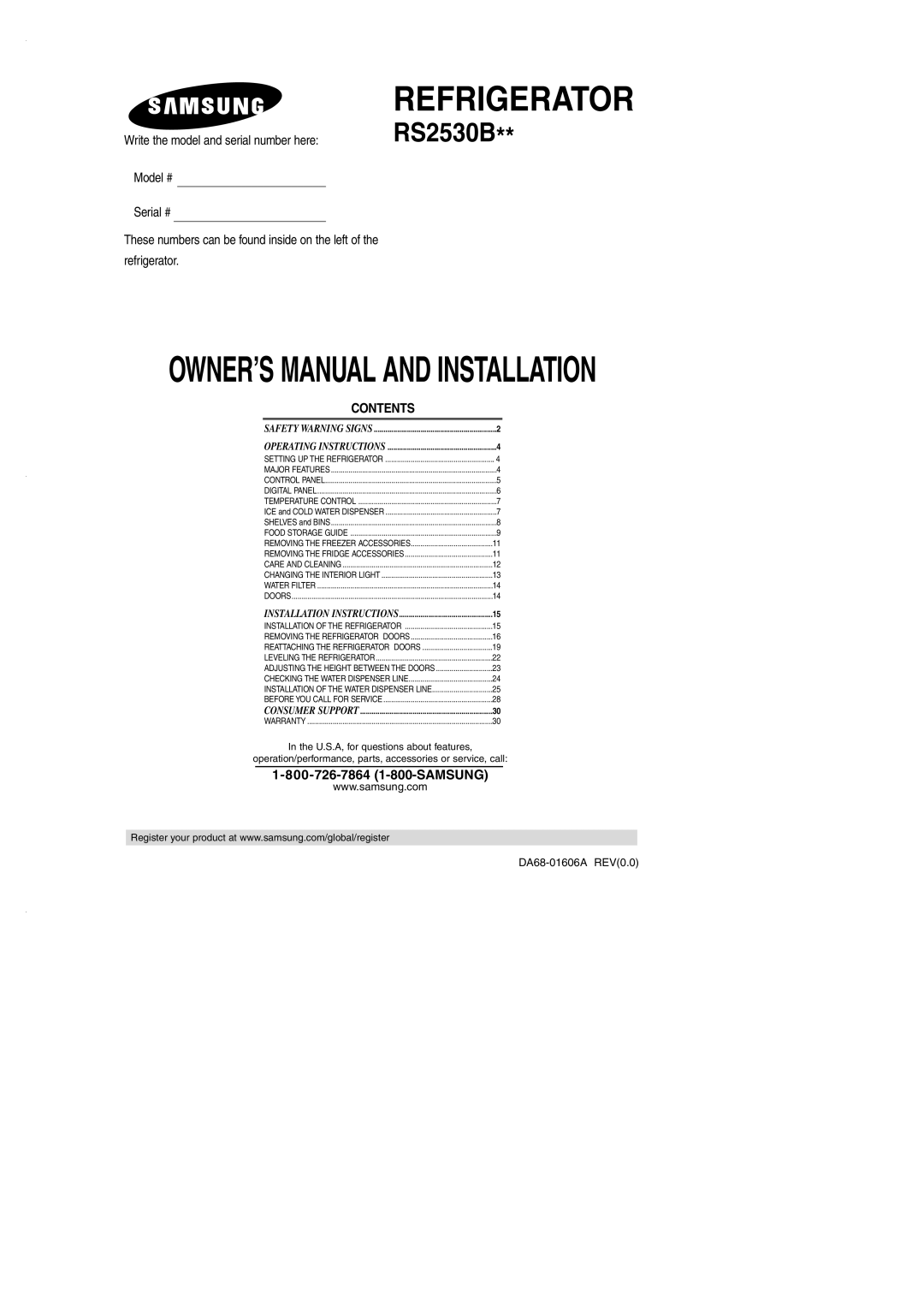 Samsung RS2530B installation instructions Refrigerator 