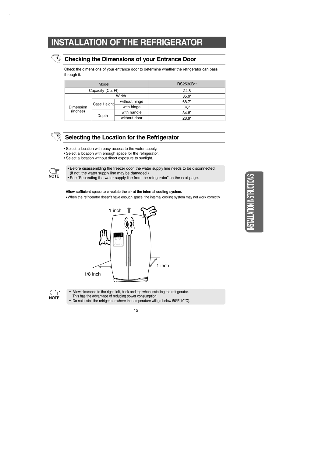 Samsung RS2530B installation instructions Installation of the Refrigerator, Checking the Dimensions of your Entrance Door 