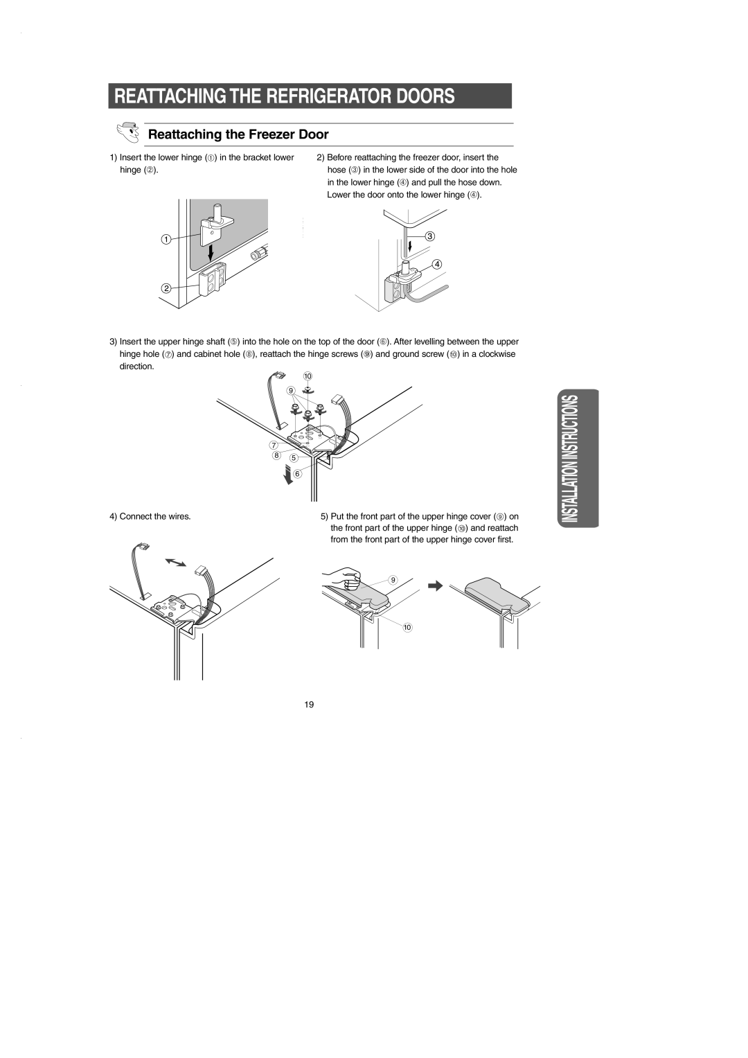 Samsung RS2530B installation instructions Reattaching the Refrigerator Doors, Reattaching the Freezer Door 