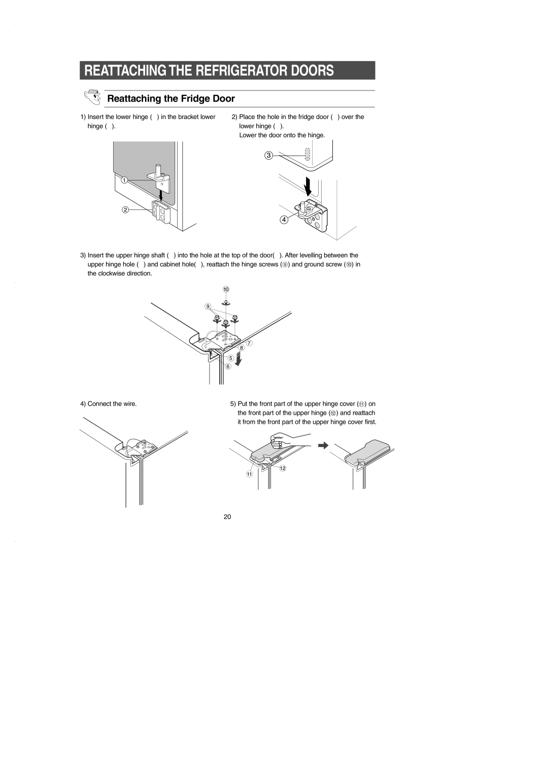 Samsung RS2530B installation instructions Reattaching the Fridge Door 