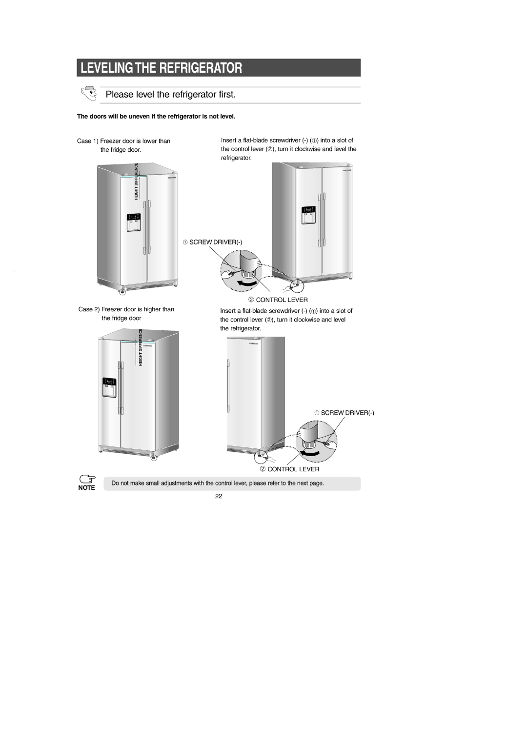 Samsung RS2530B installation instructions Leveling the Refrigerator, Please level the refrigerator first 