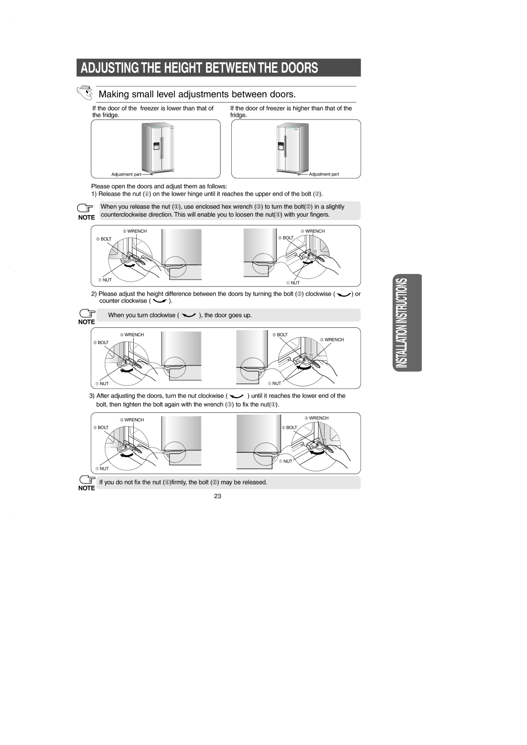 Samsung RS2530B Adjusting the Height Between the Doors, Making small level adjustments between doors 