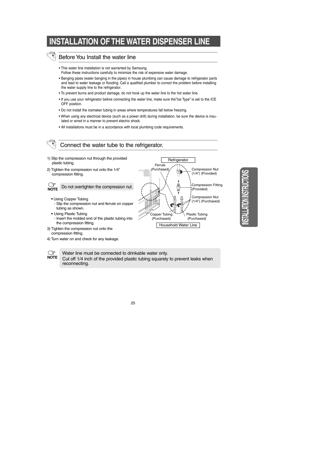 Samsung RS2530B installation instructions Before You Install the water line, Connect the water tube to the refrigerator 