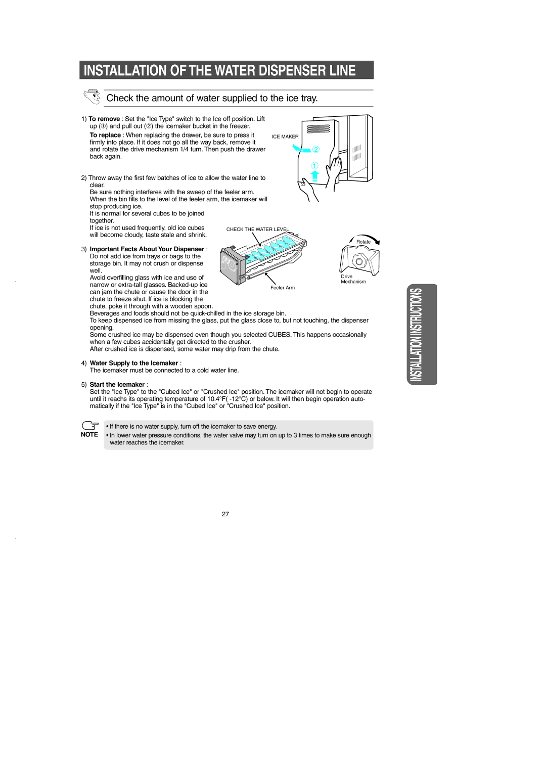 Samsung RS2530B Check the amount of water supplied to the ice tray, Water Supply to the Icemaker, Start the Icemaker 