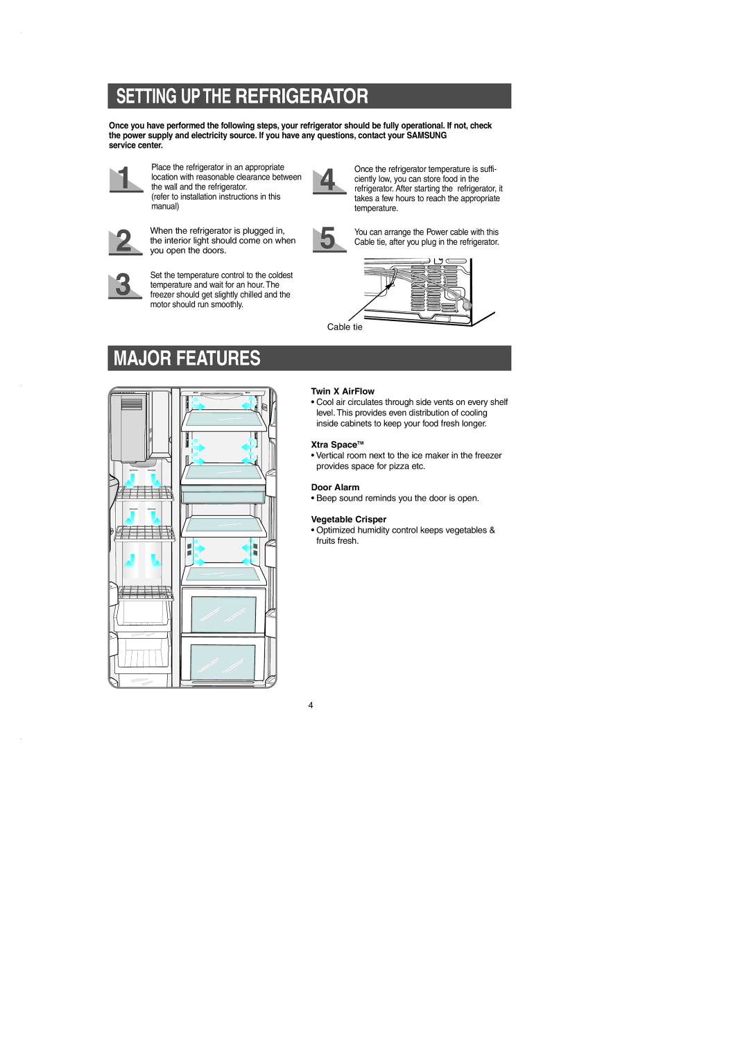 Samsung RS2530B installation instructions Setting UP the Refrigerator, Major Features 