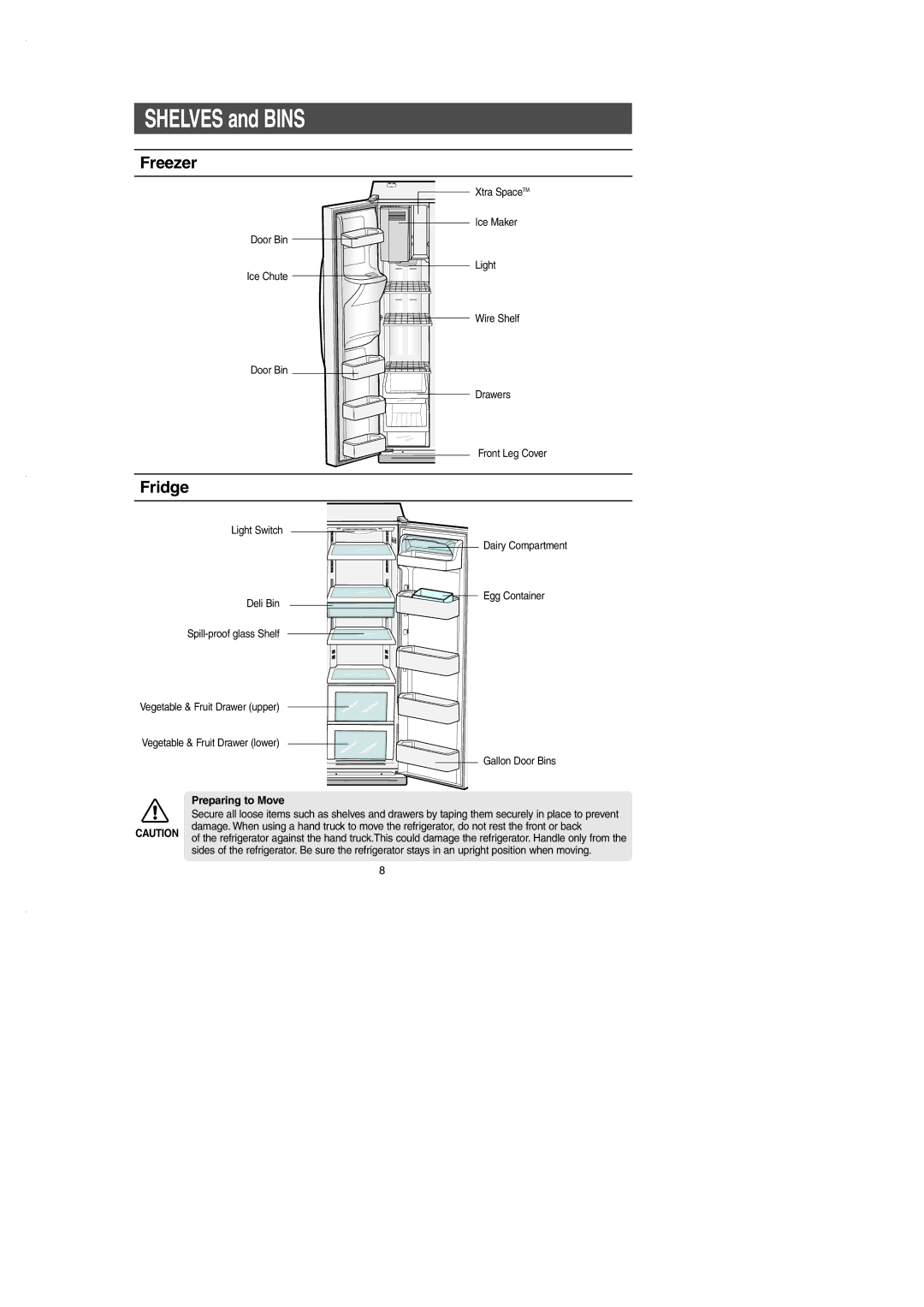 Samsung RS2530B installation instructions Freezer, Fridge, Preparing to Move 