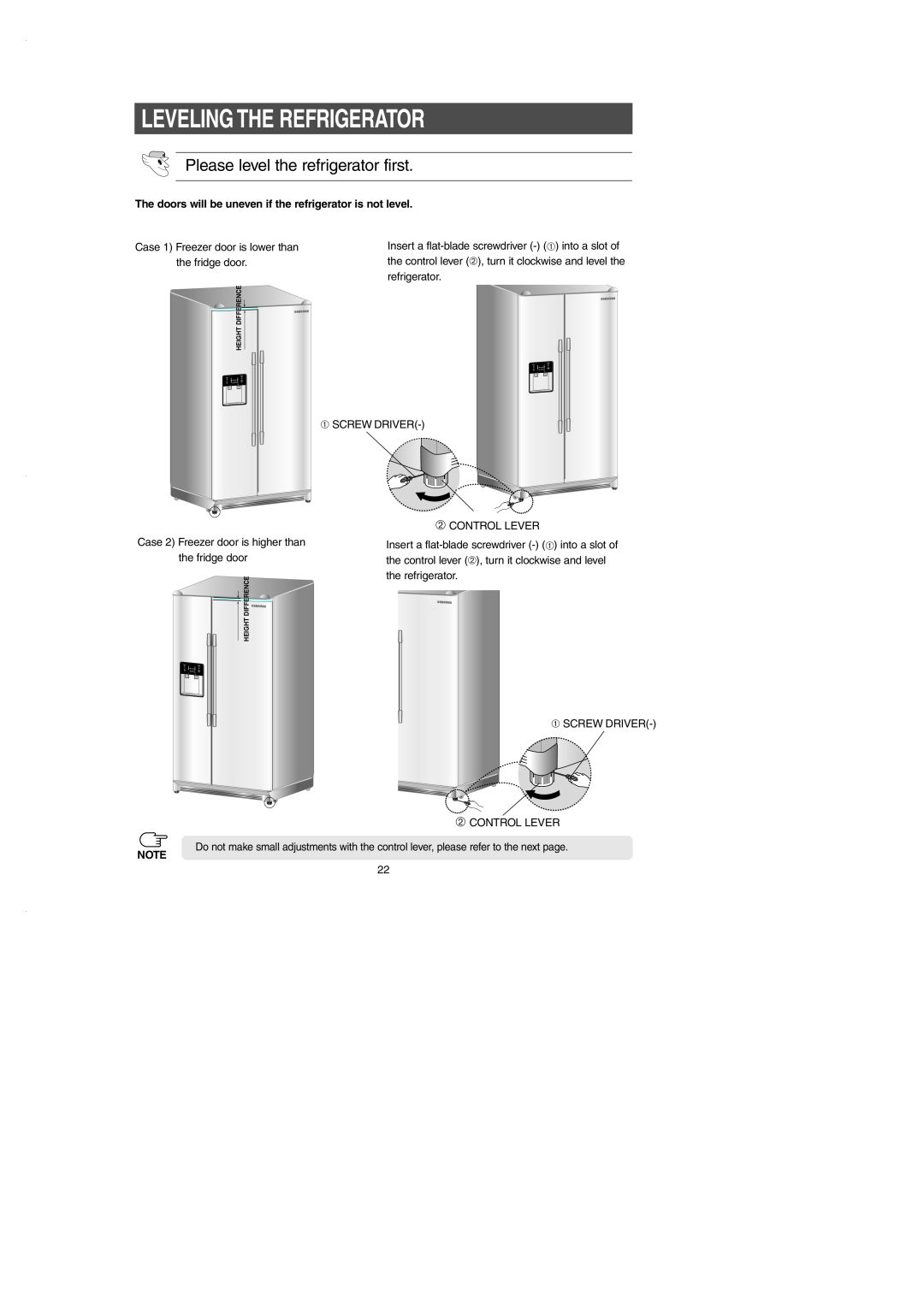 Samsung RS2530B installation instructions Leveling The Refrigerator, Please level the refrigerator first 