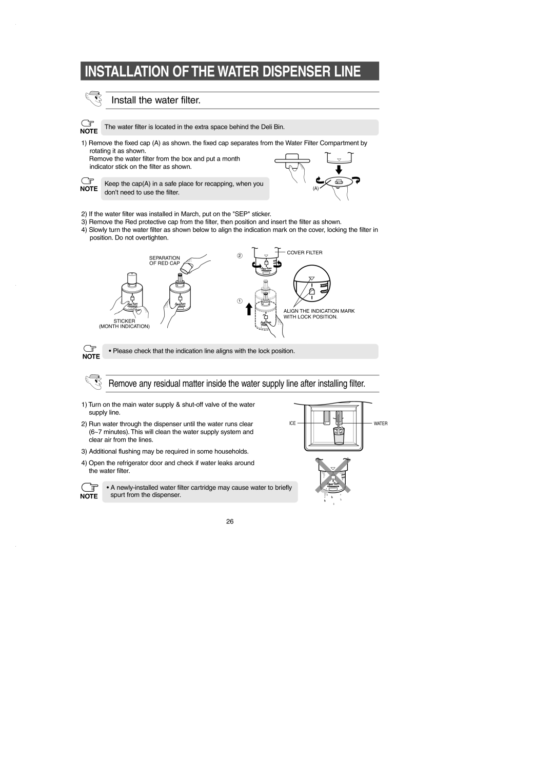 Samsung RS2530B installation instructions Install the water filter, Installation Of The Water Dispenser Line 