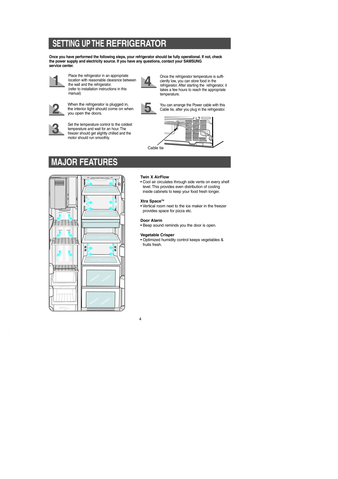 Samsung RS2530B Setting Up The Refrigerator, Major Features, service center, Twin X AirFlow, Xtra SpaceTM, Door Alarm 
