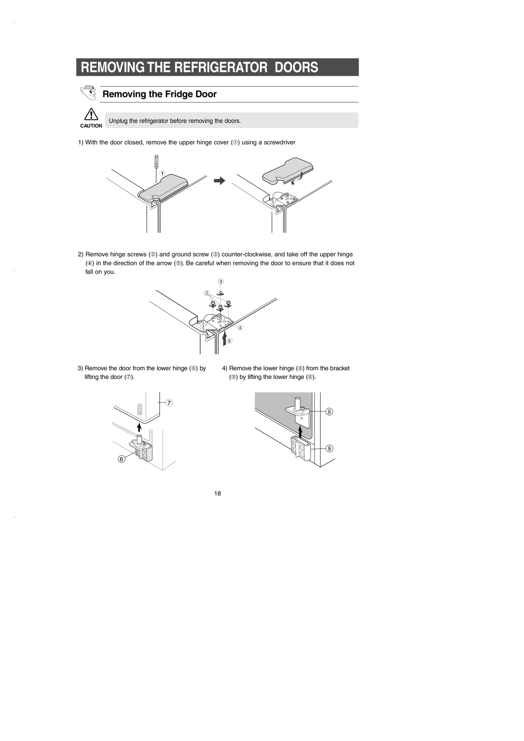 Samsung RS2530BWP installation instructions Removing the Fridge Door, Removing The Refrigerator Doors 