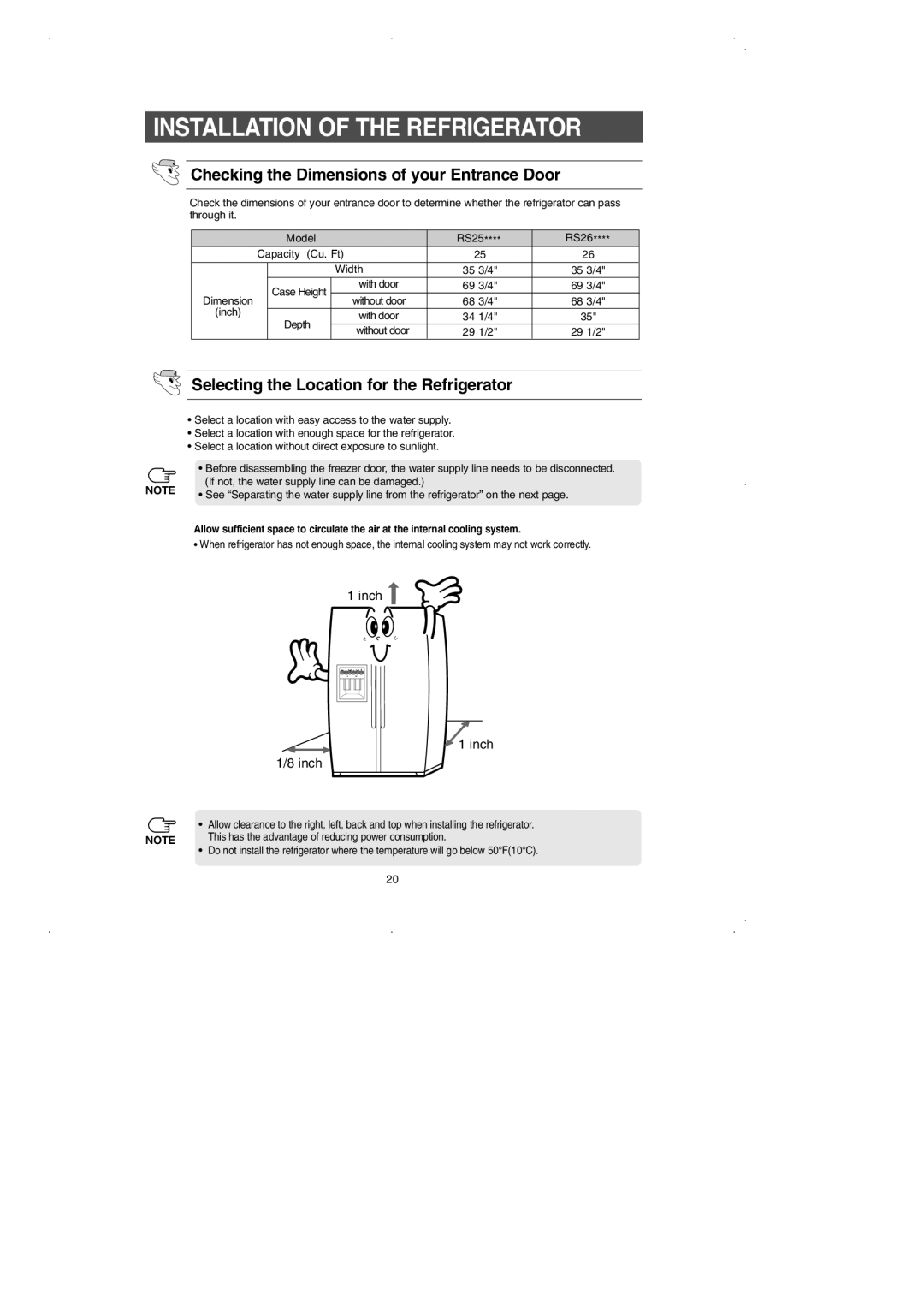 Samsung RS2531 installation instructions Installation of the Refrigerator, Checking the Dimensions of your Entrance Door 