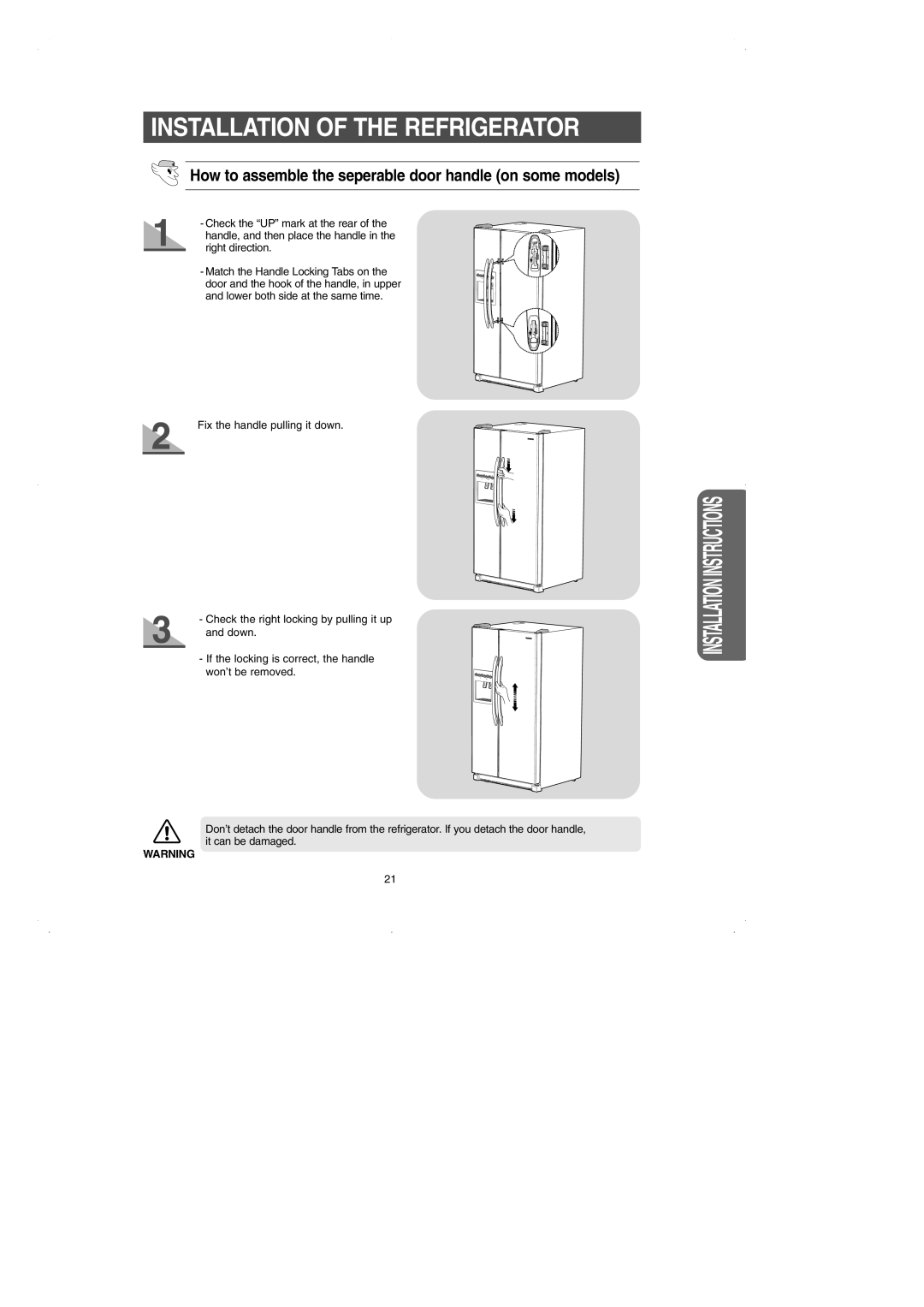 Samsung RS2531 installation instructions How to assemble the seperable door handle on some models 