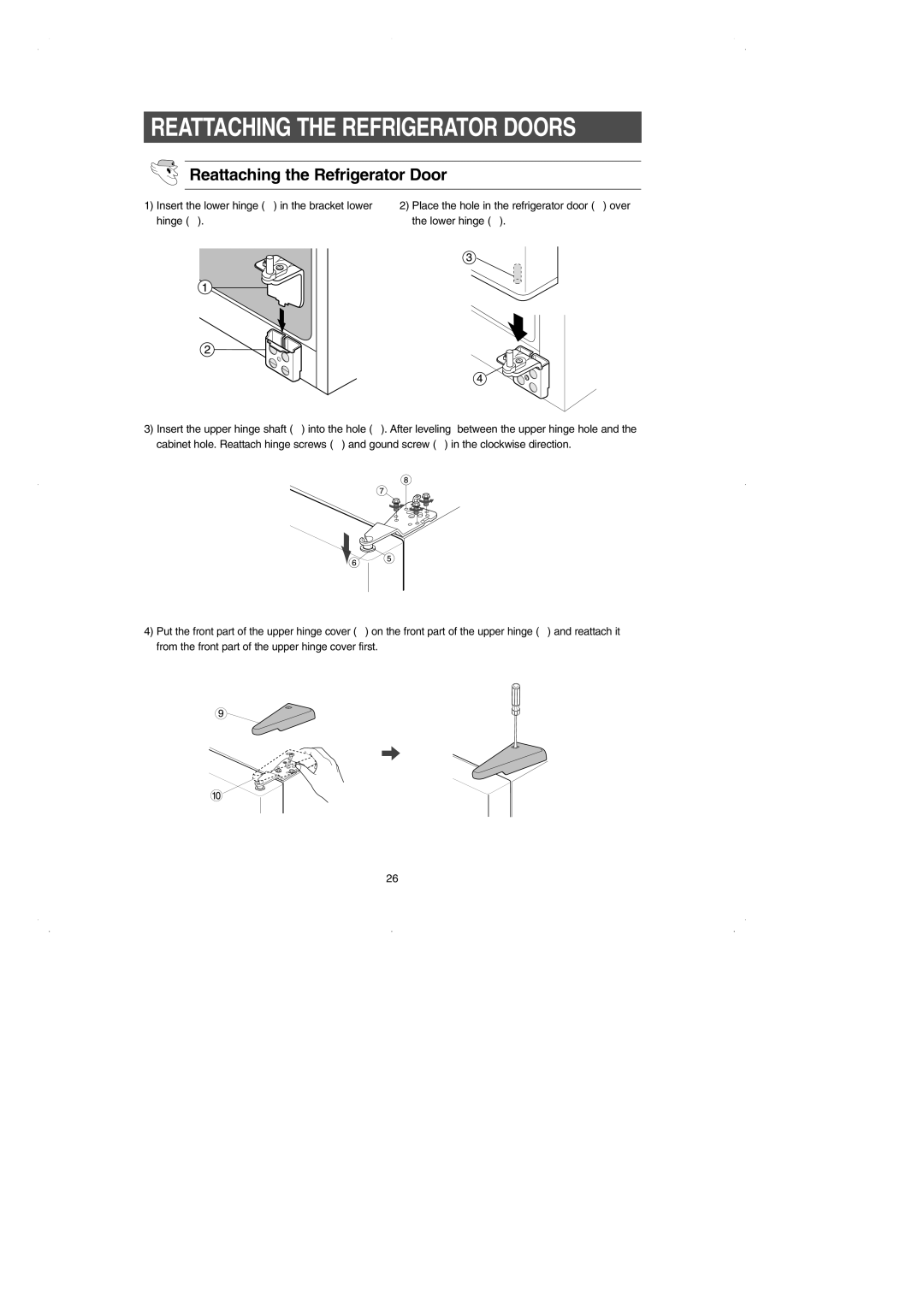 Samsung RS2531 installation instructions Reattaching the Refrigerator Door 