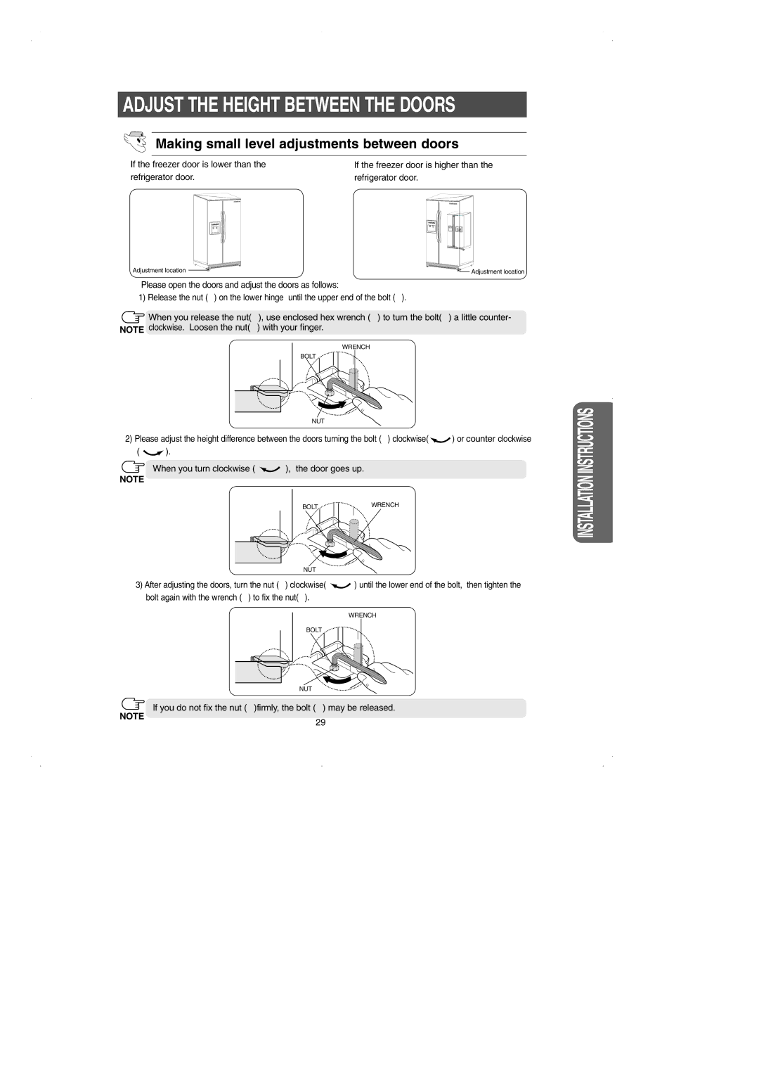 Samsung RS2531 installation instructions Adjust the Height Between the Doors, Making small level adjustments between doors 