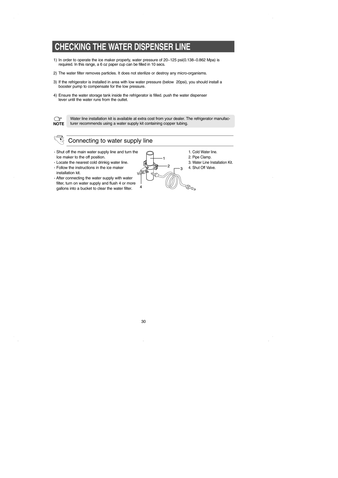 Samsung RS2531 installation instructions Checking the Water Dispenser Line, Connecting to water supply line 