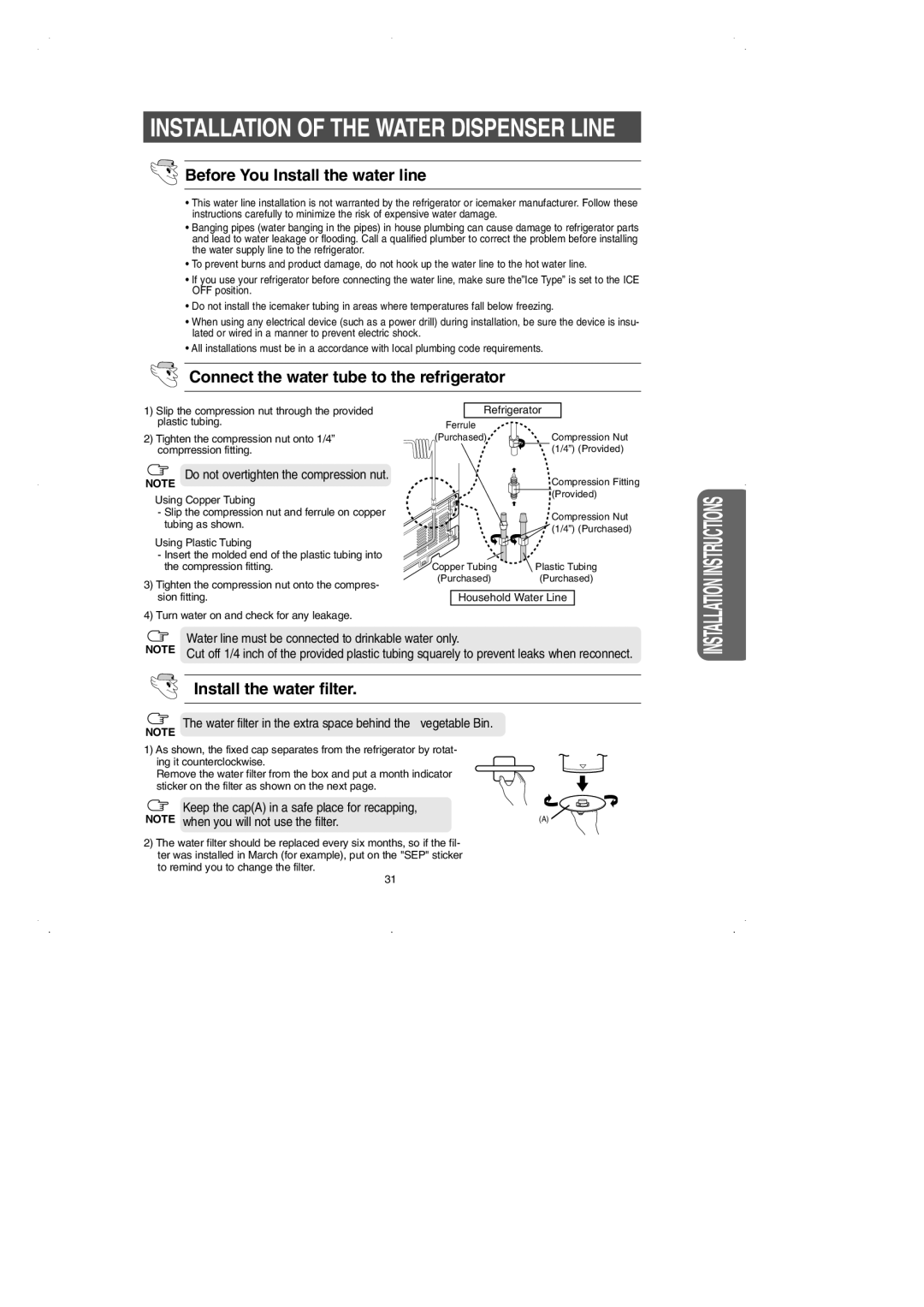 Samsung RS2531 Before You Install the water line, Connect the water tube to the refrigerator, Install the water filter 