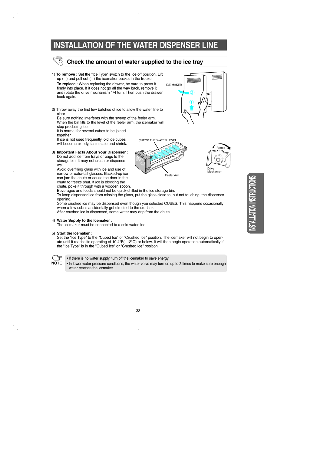 Samsung RS2531 Check the amount of water supplied to the ice tray, Water Supply to the Icemaker, Start the Icemaker 