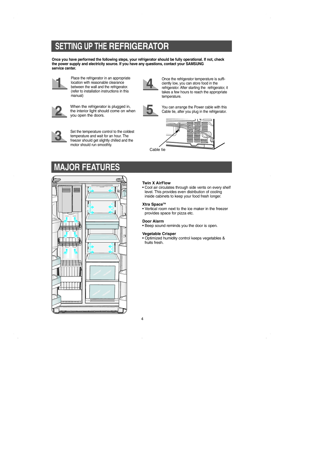 Samsung RS2531 installation instructions Setting UP the Refrigerator, Major Features 