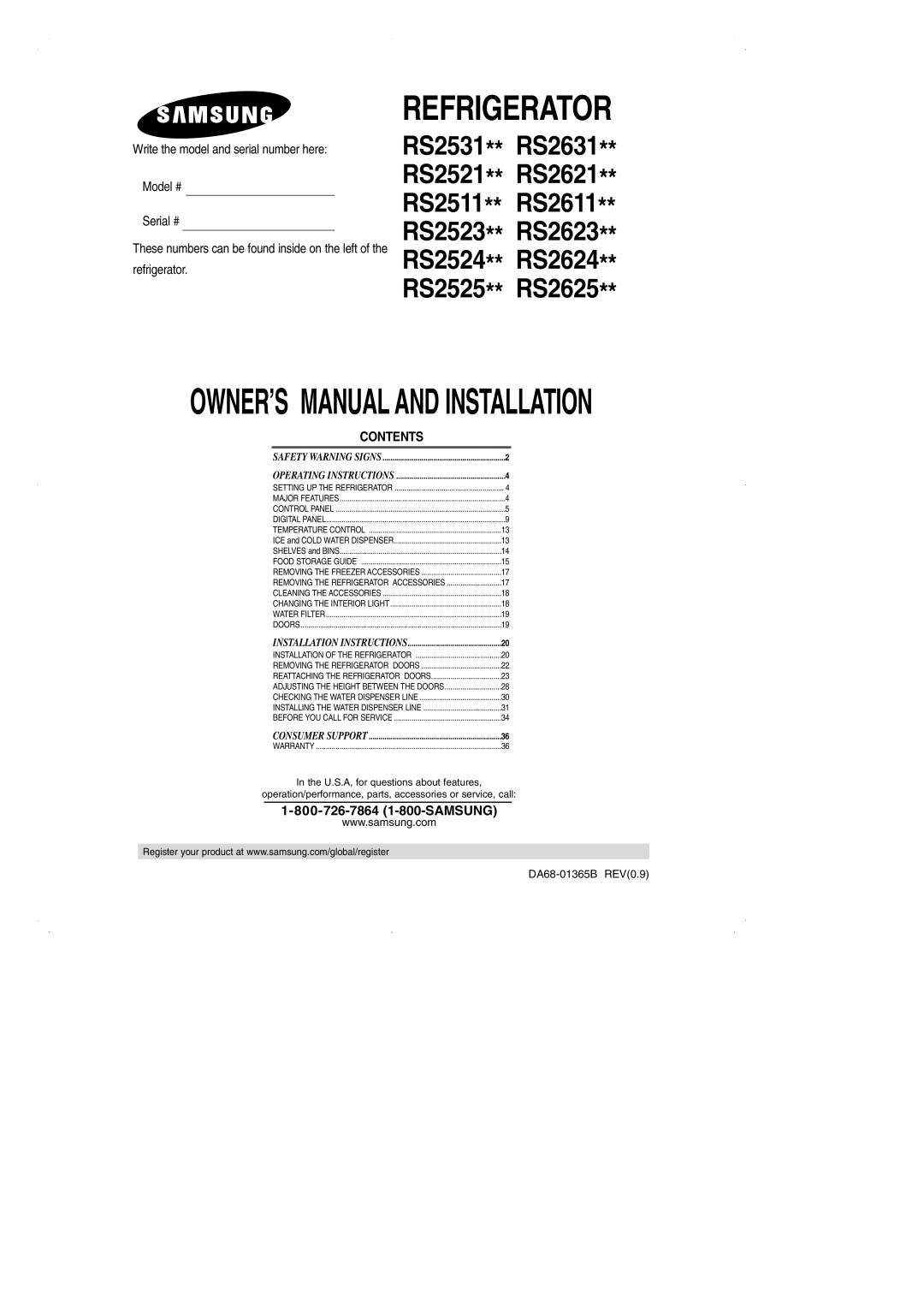 Samsung RS2531 installation instructions Write the model and serial number here Model #, Serial #, Contents, Refrigerator 