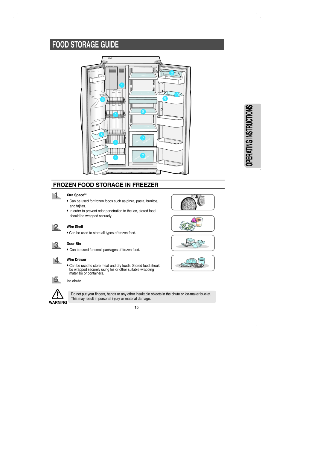 Samsung RS2531 Food Storage Guide, Frozen Food Storage In Freezer, Wire Shelf, Door Bin, Wire Drawer, Ice chute 