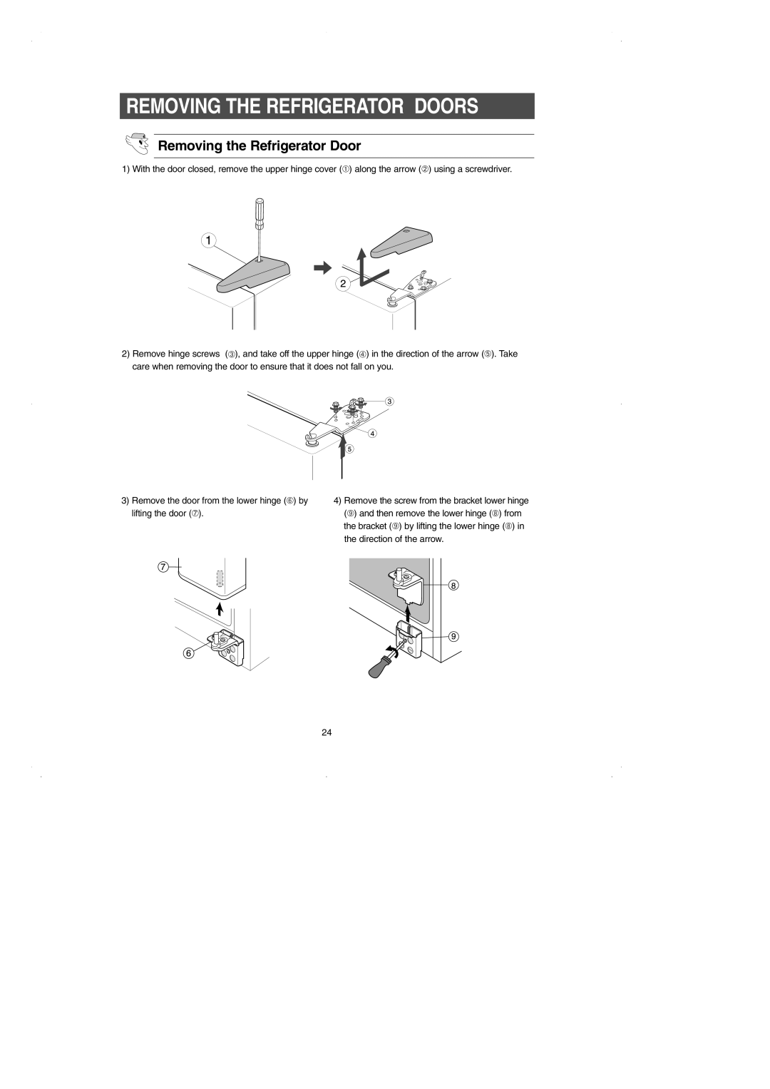 Samsung RS2531 installation instructions Removing the Refrigerator Door, Removing The Refrigerator Doors 