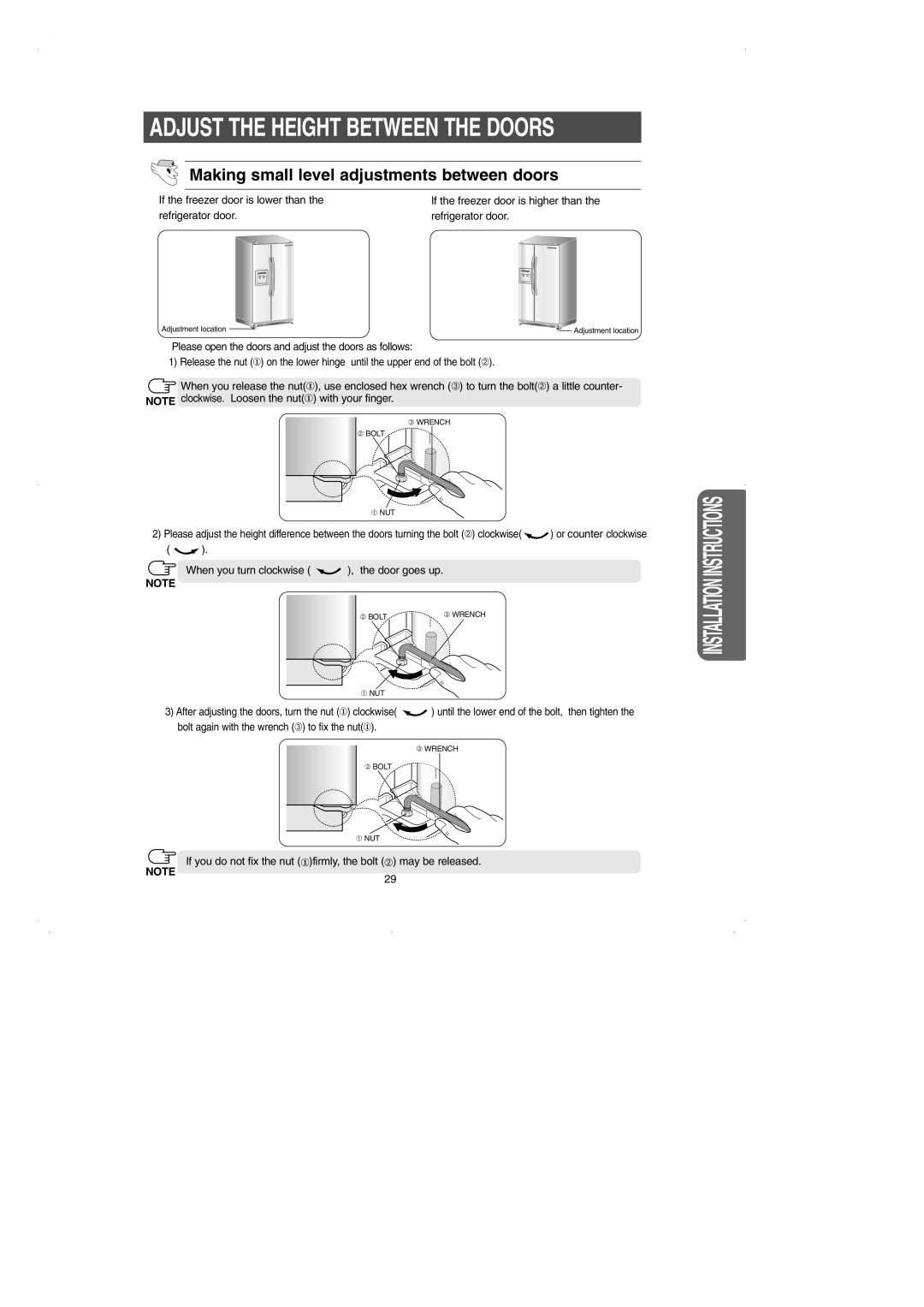 Samsung RS2531 installation instructions Adjust The Height Between The Doors, Making small level adjustments between doors 