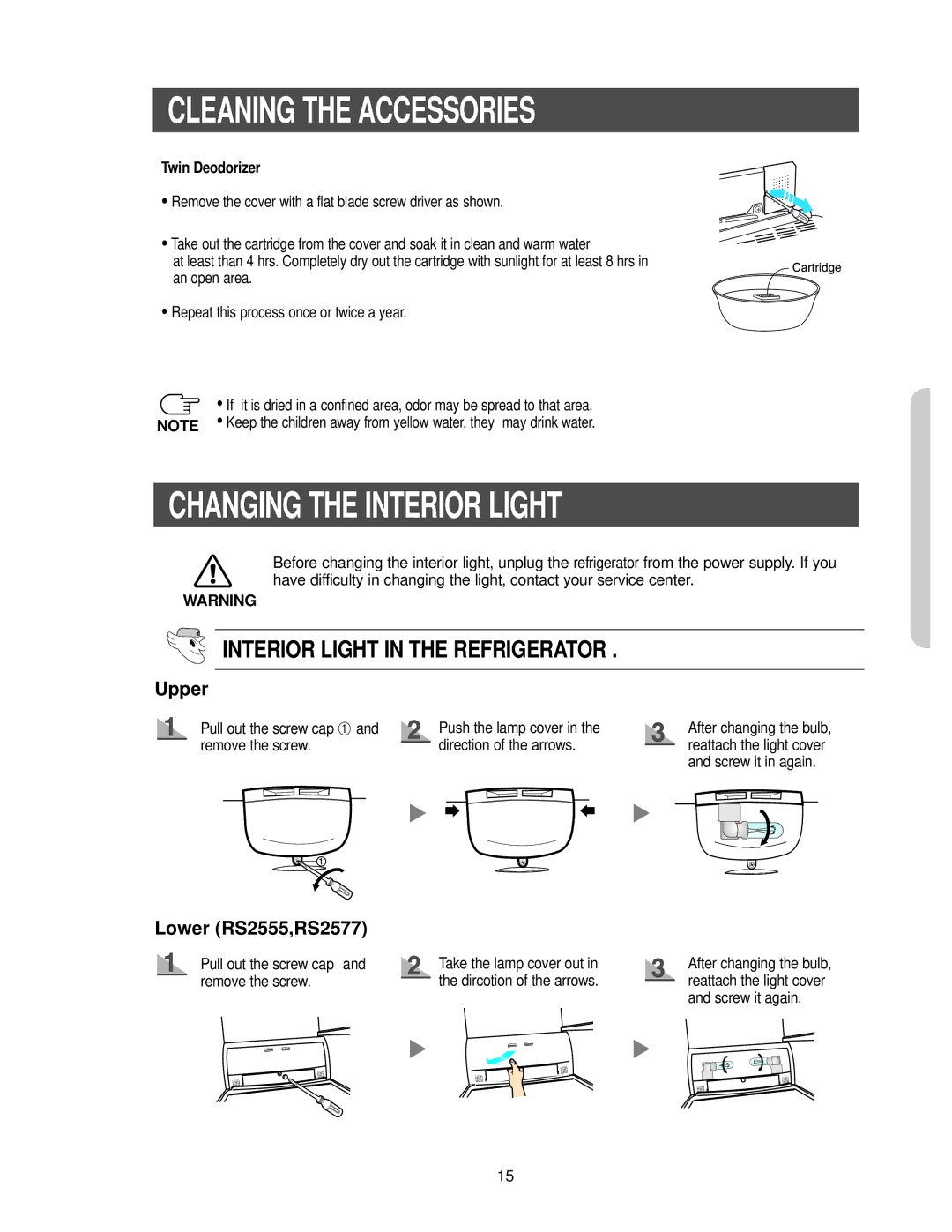 Samsung RS2533SW owner manual Changing the Interior Light, Twin Deodorizer 