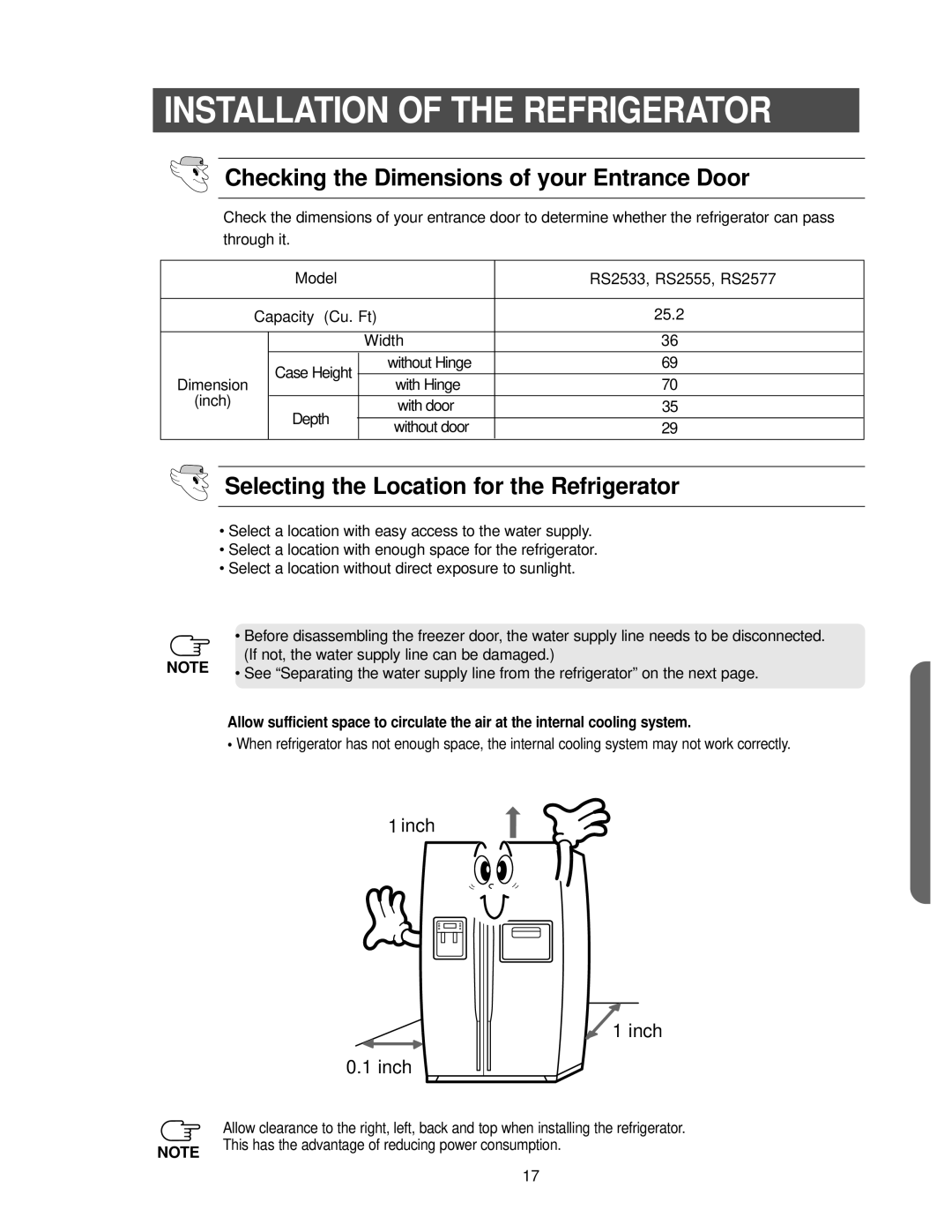 Samsung RS2533SW owner manual Installation of the Refrigerator, Checking the Dimensions of your Entrance Door, Inch 